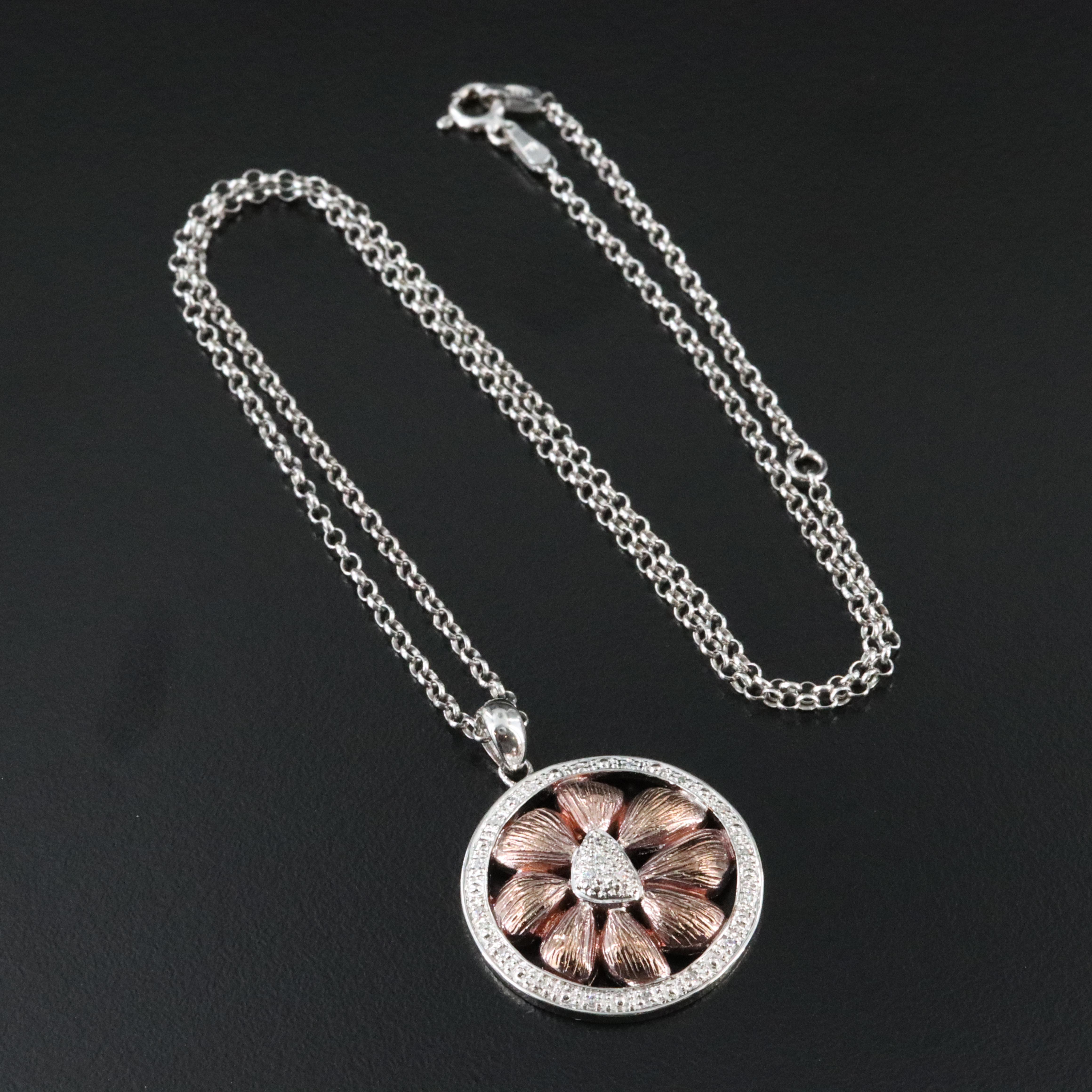 Sterling Flower Diamond Pendant Necklace