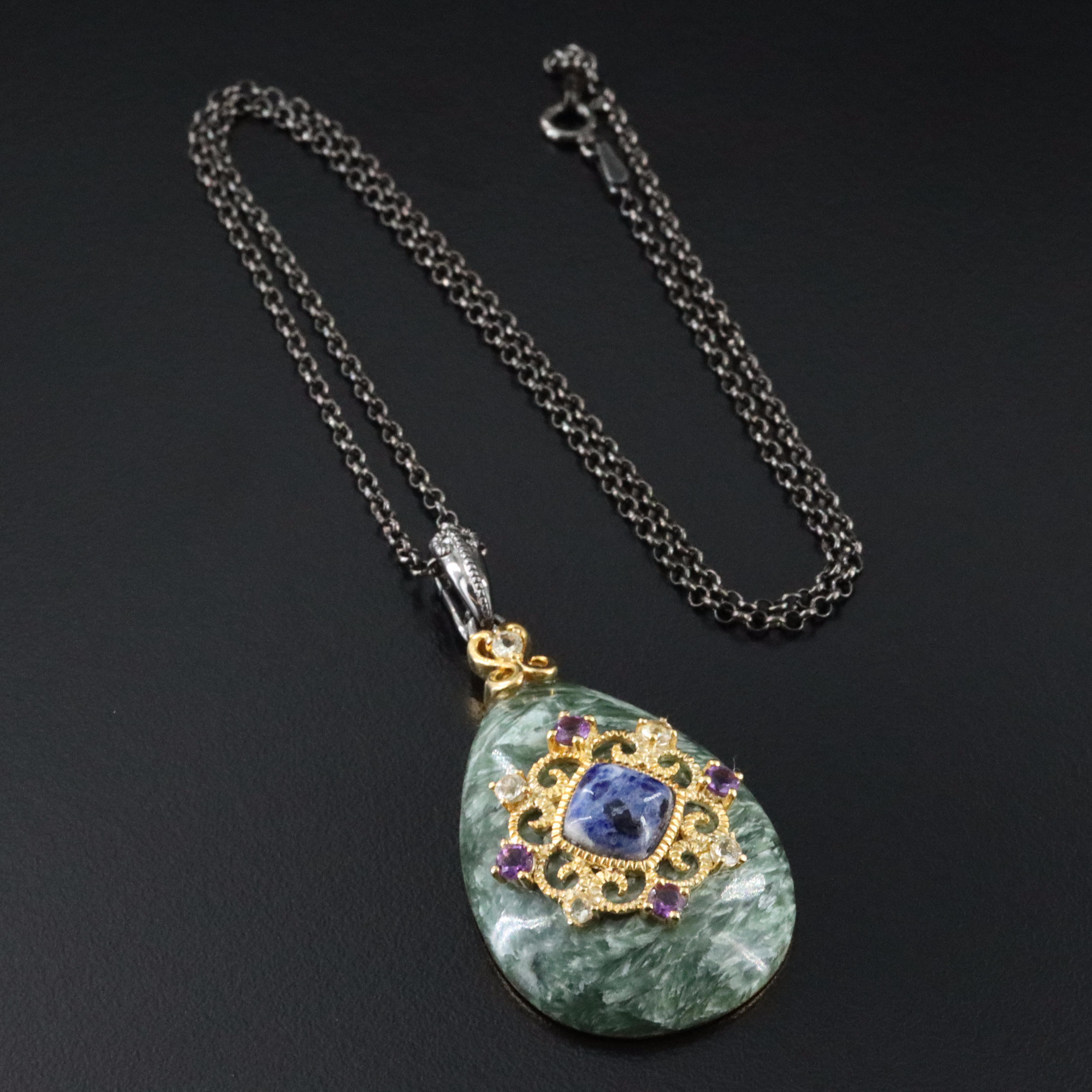 Sterling Seraphinite, Citrine and Amethyst Enhancer Pendant Necklace