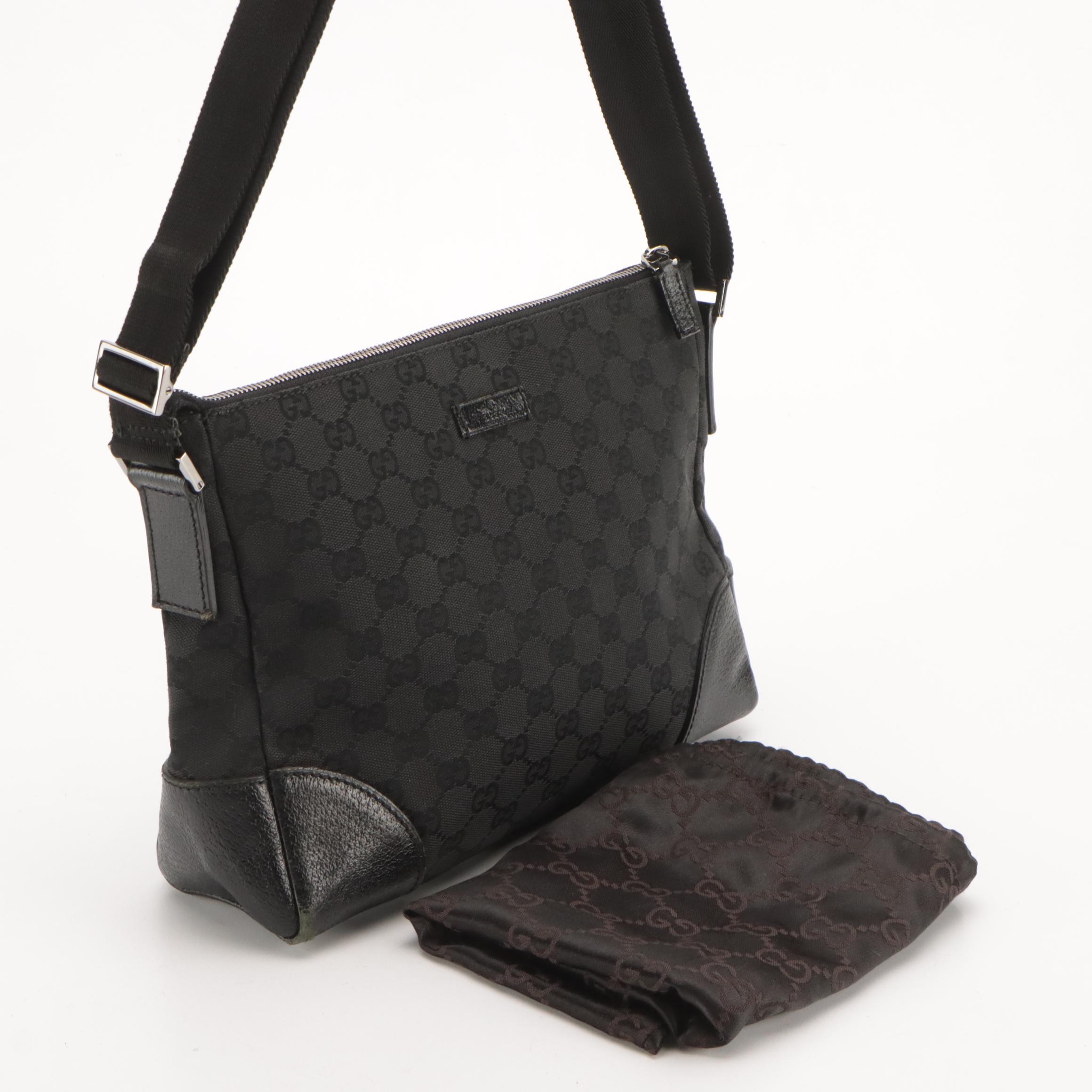 Gucci Black GG Canvas and Leather Trimmed Shoulder Bag