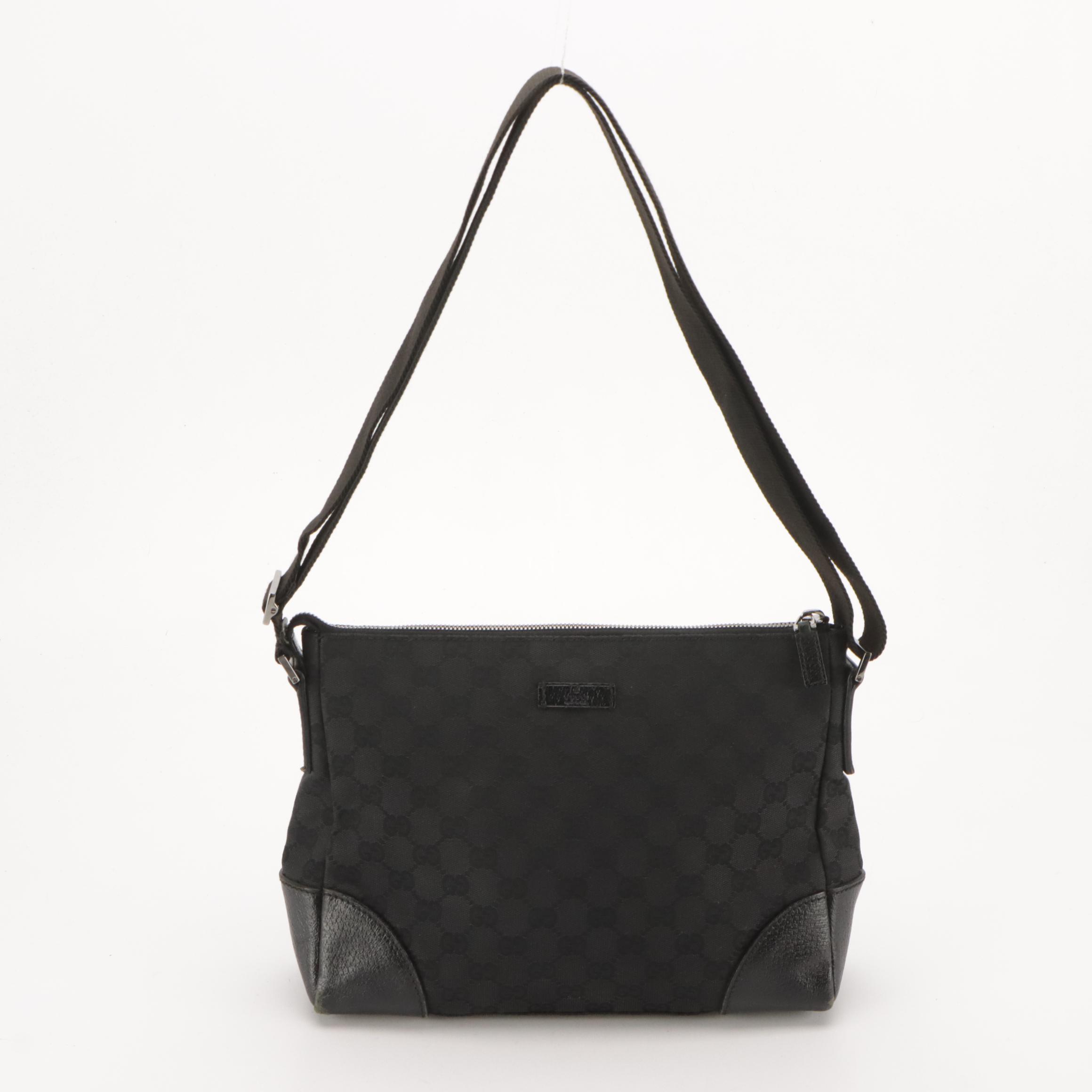 Gucci Black GG Canvas and Leather Trimmed Shoulder Bag