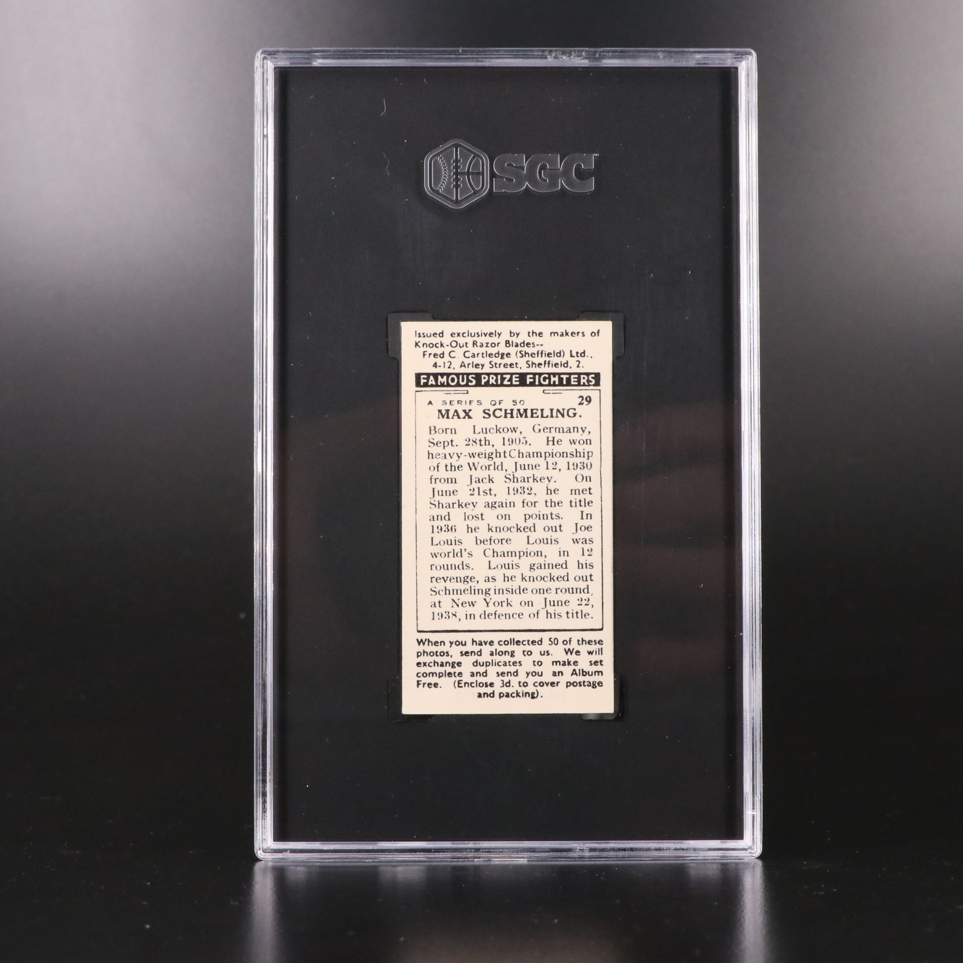 1938 Cartledge Razor Max Schmeling Famous Prize Fighters Card Graded SGC 8.5