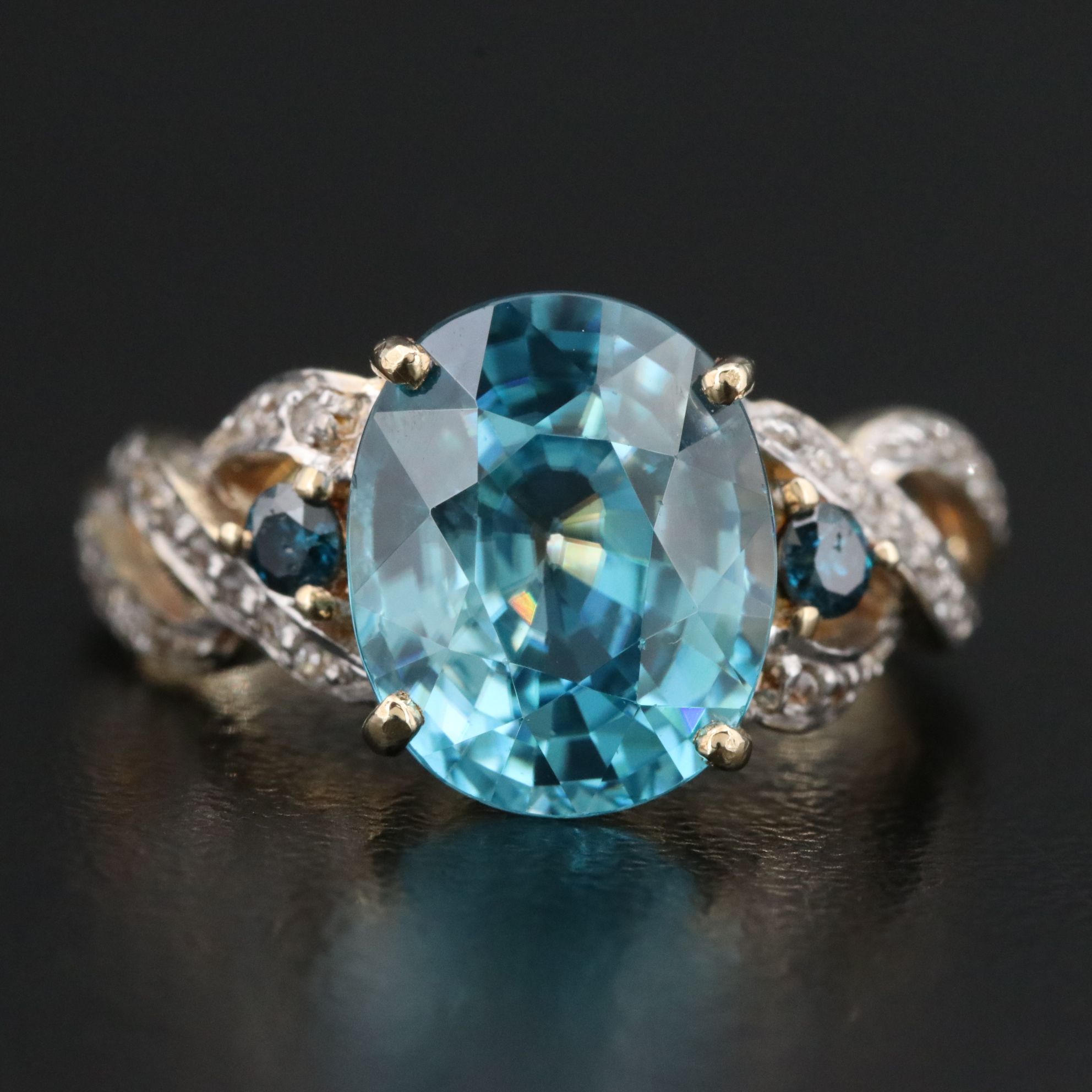 10K CT Blue Zircon, Lab Grown Fancy Diamond and White Zircon