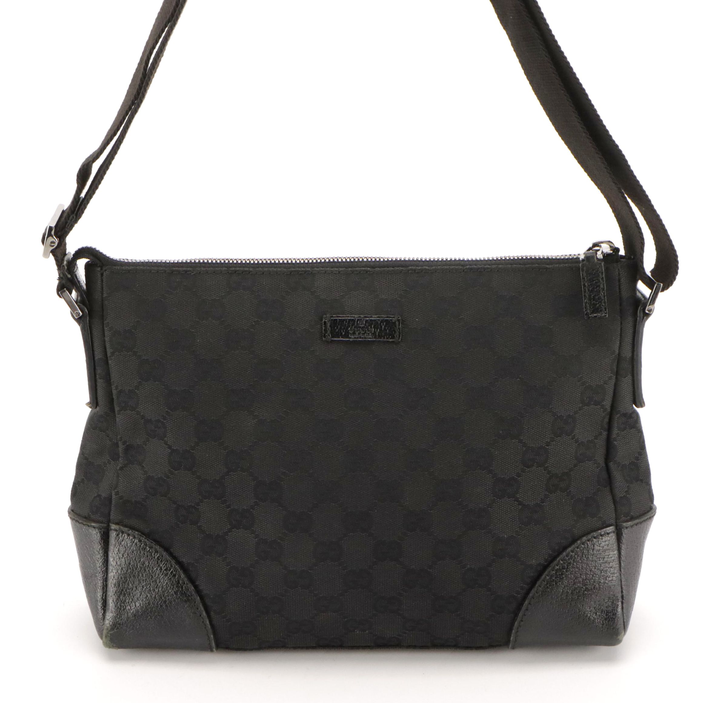 Gucci Black GG Canvas and Leather Trimmed Shoulder Bag