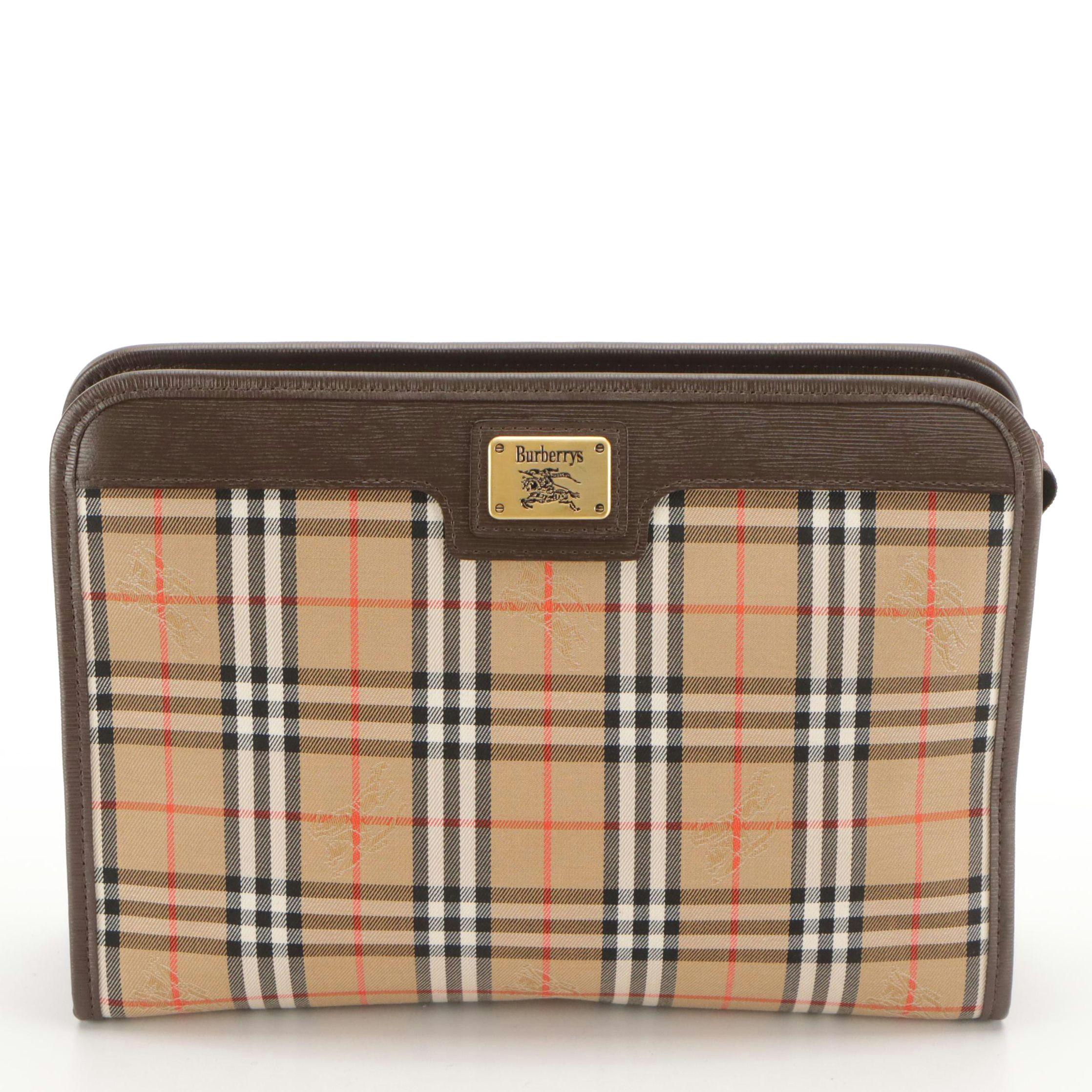 Burberrys Clutch in Haymarket Check Canvas and Dark Brown Textured Leather