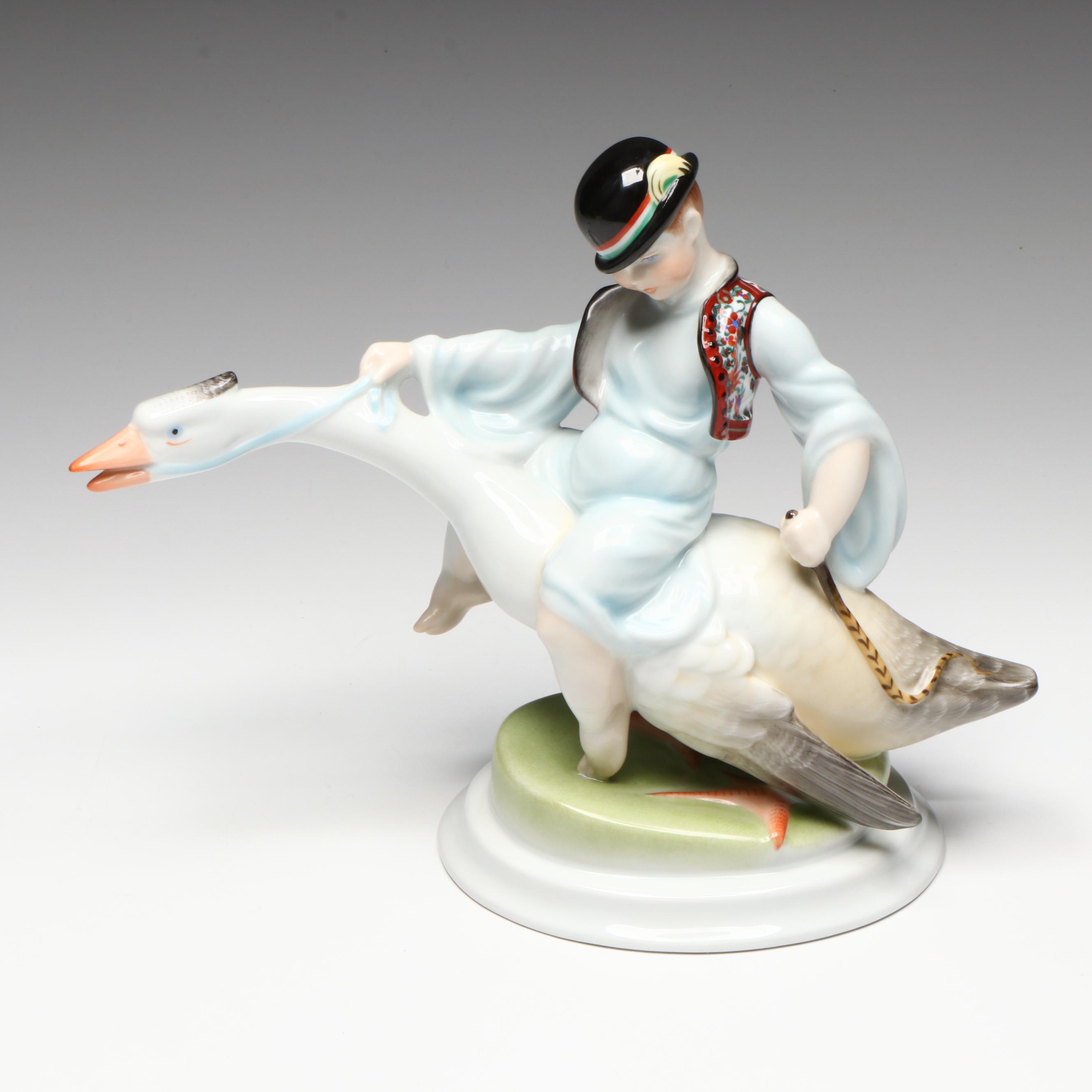 Herend "Boy Riding Goose" Hand-Painted Porcelain Figurine, Mid-20th Century