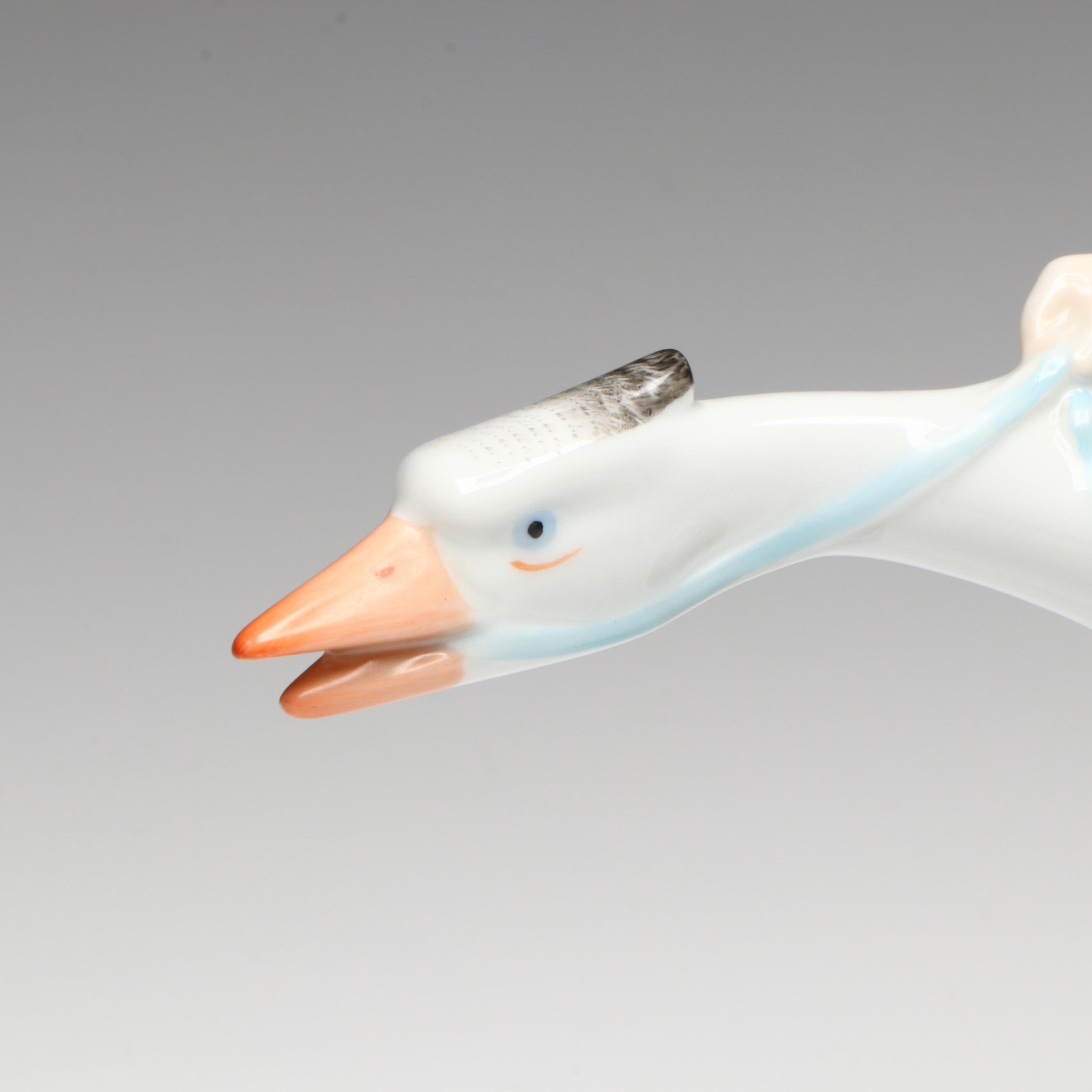 Herend "Boy Riding Goose" Hand-Painted Porcelain Figurine, Mid-20th Century