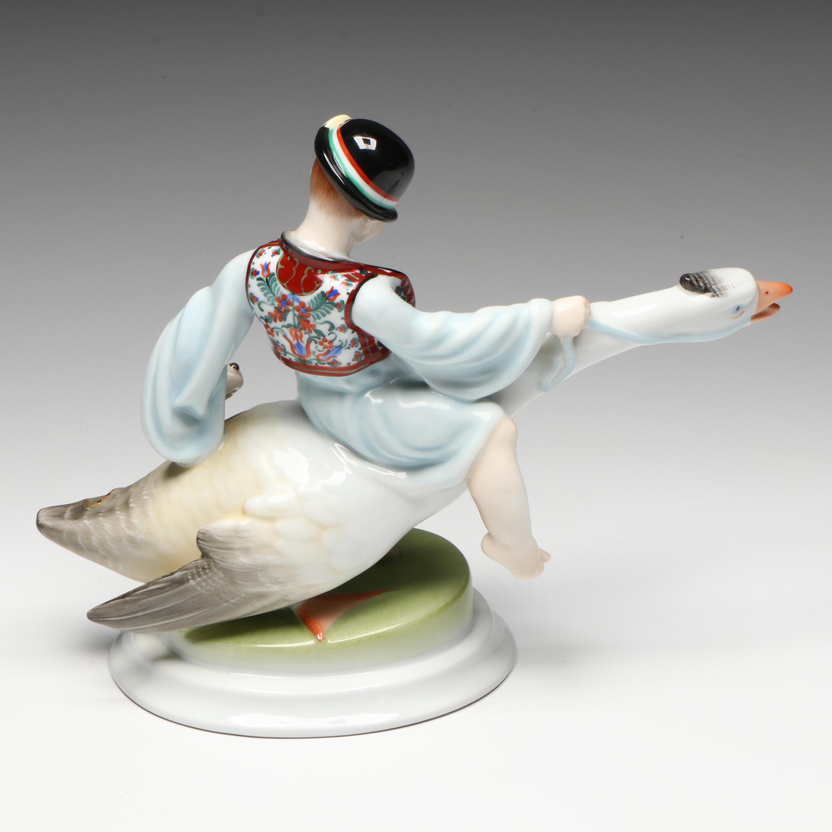 Herend "Boy Riding Goose" Hand-Painted Porcelain Figurine, Mid-20th Century