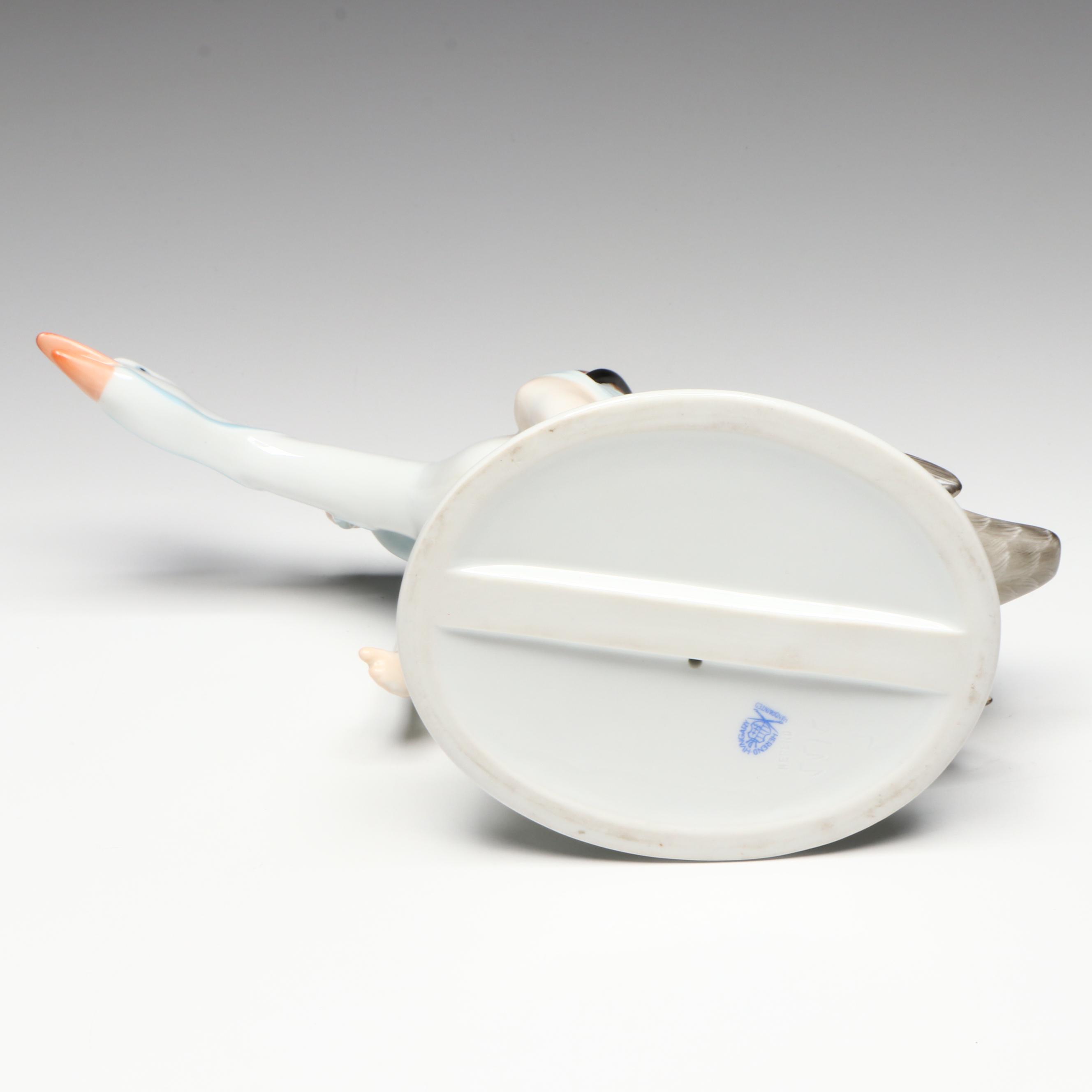 Herend "Boy Riding Goose" Hand-Painted Porcelain Figurine, Mid-20th Century