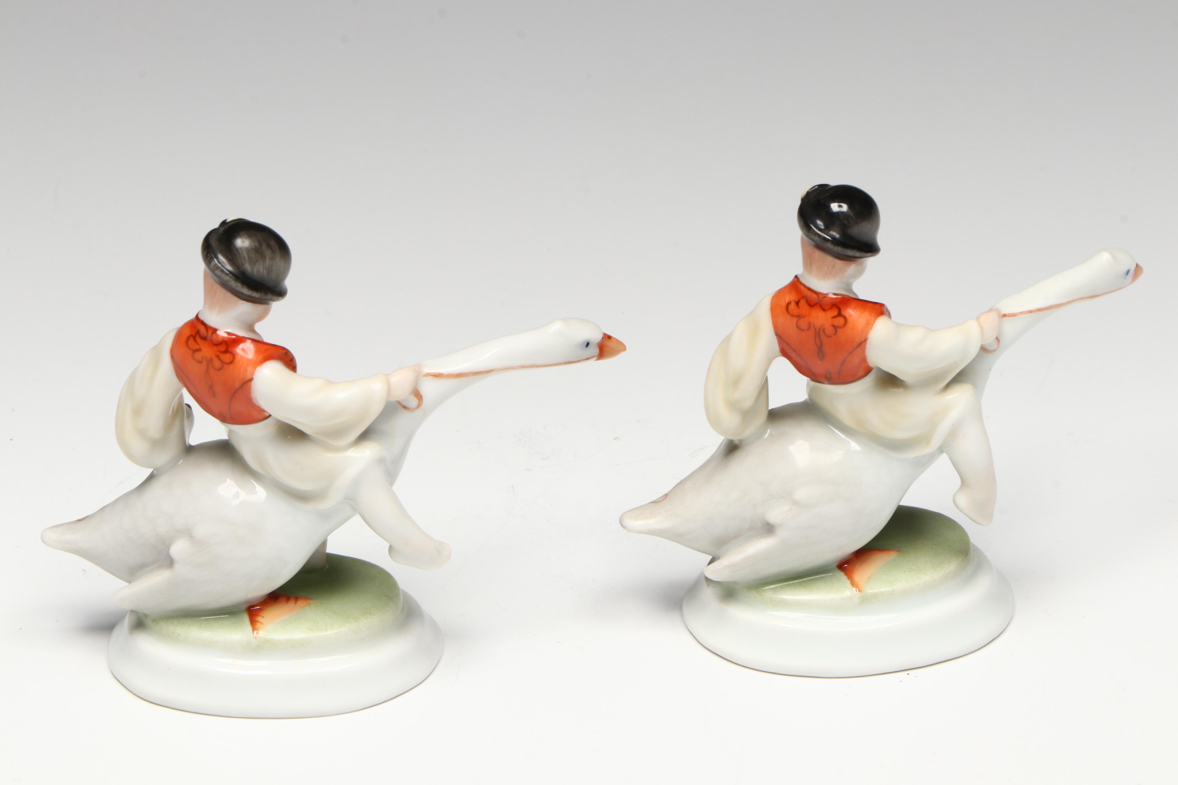 Pair of Herend "Boy Riding Goose" Porcelain Figurines