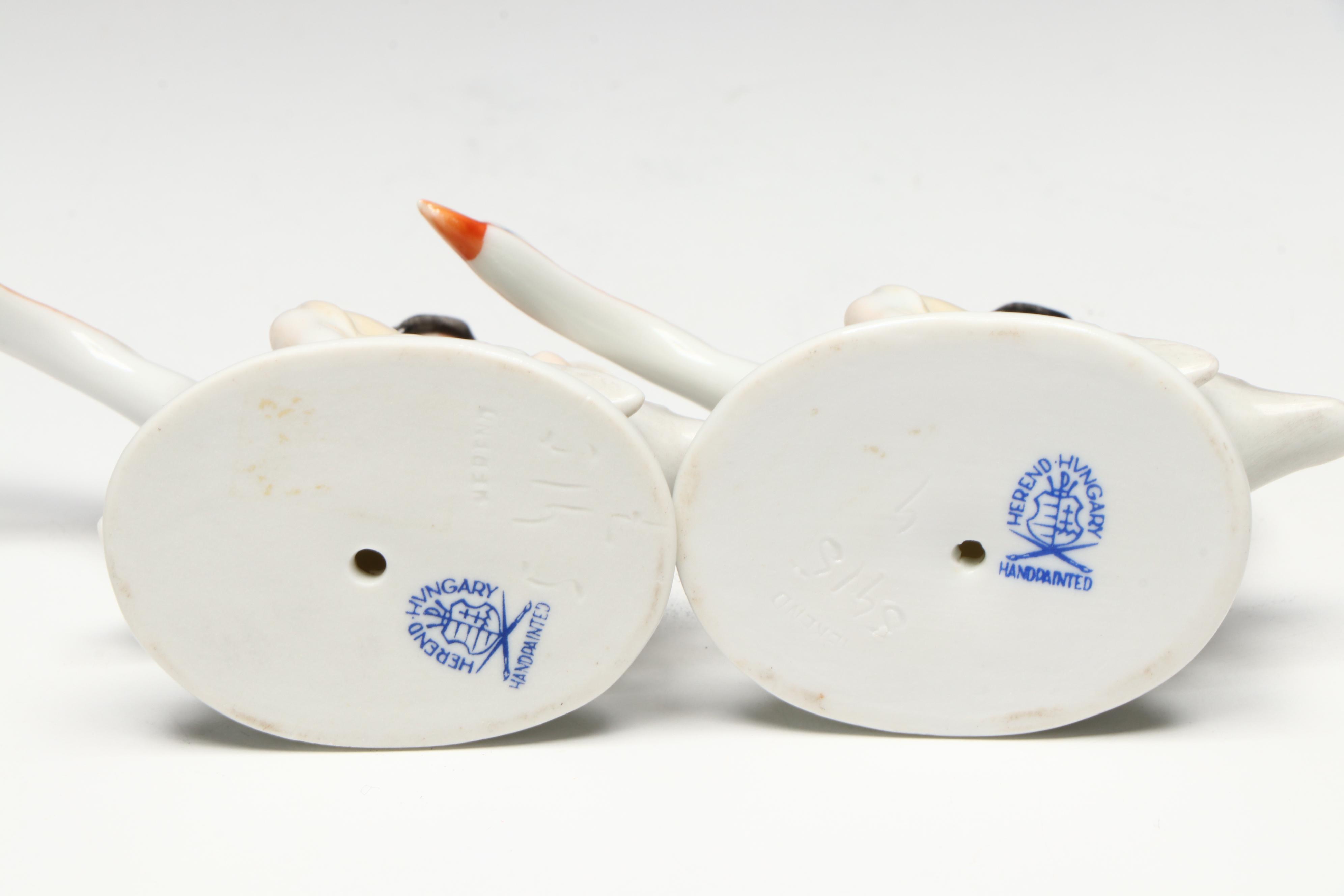 Pair of Herend "Boy Riding Goose" Porcelain Figurines