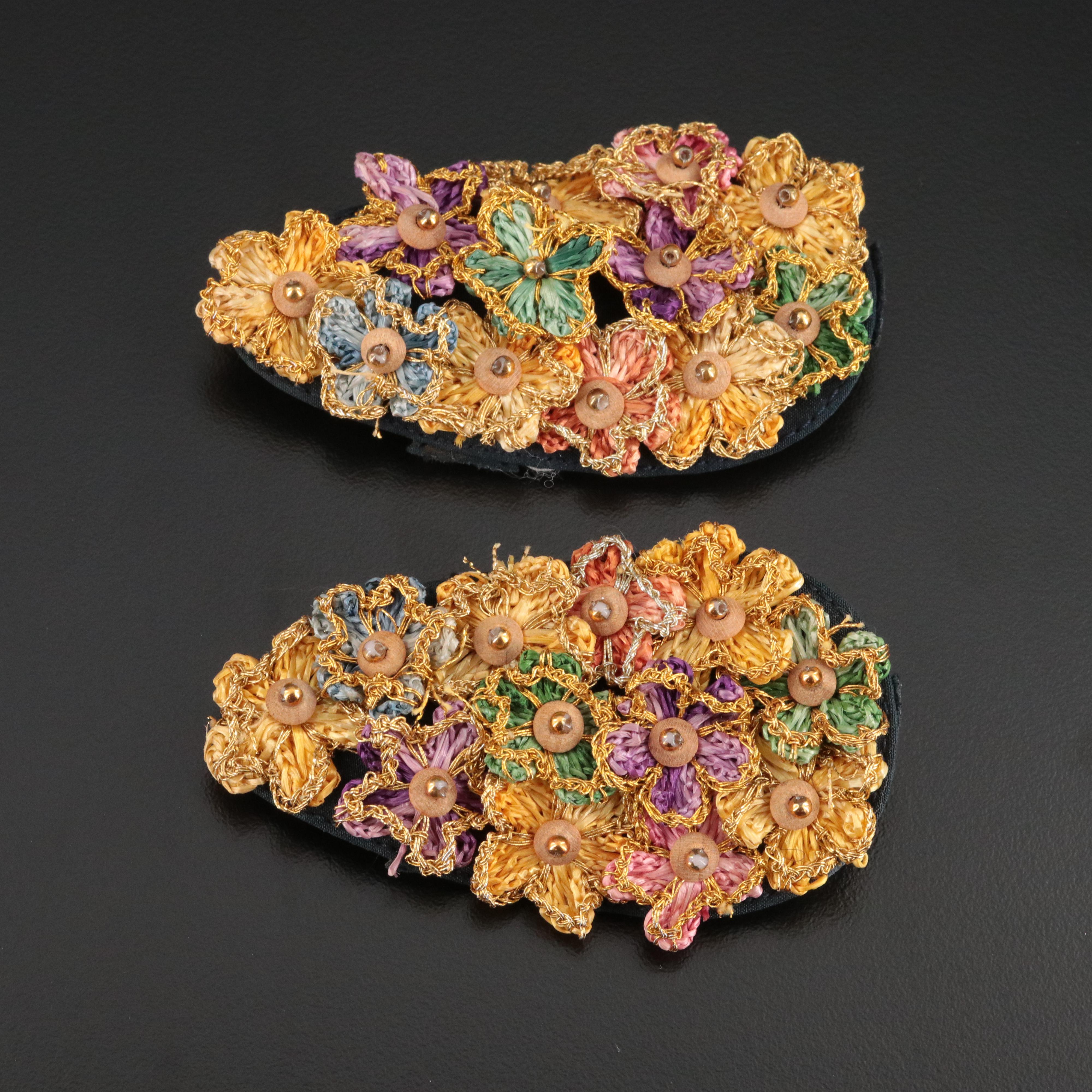 Pair of Embroidered Flower and Wood Bead Brooches