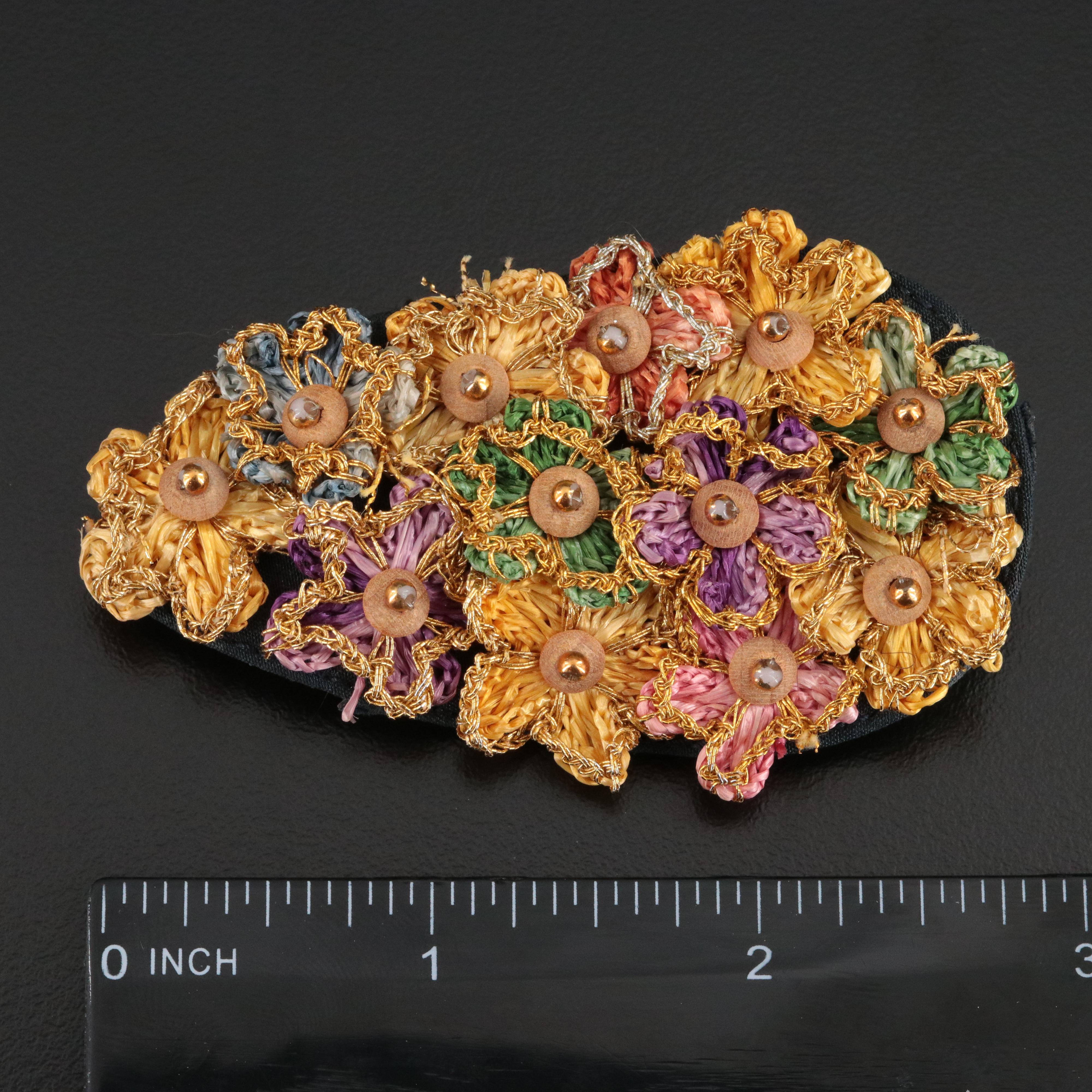 Pair of Embroidered Flower and Wood Bead Brooches