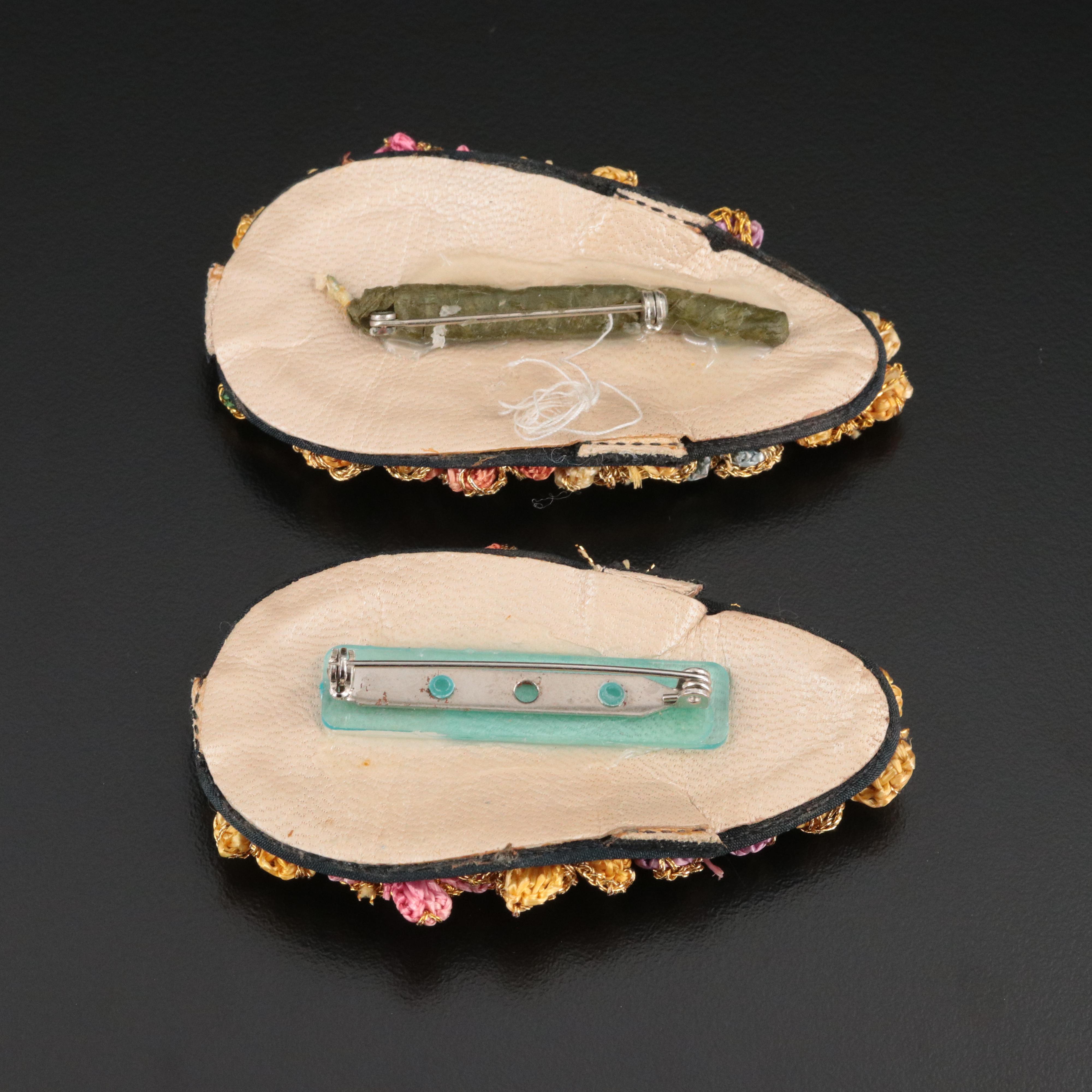 Pair of Embroidered Flower and Wood Bead Brooches