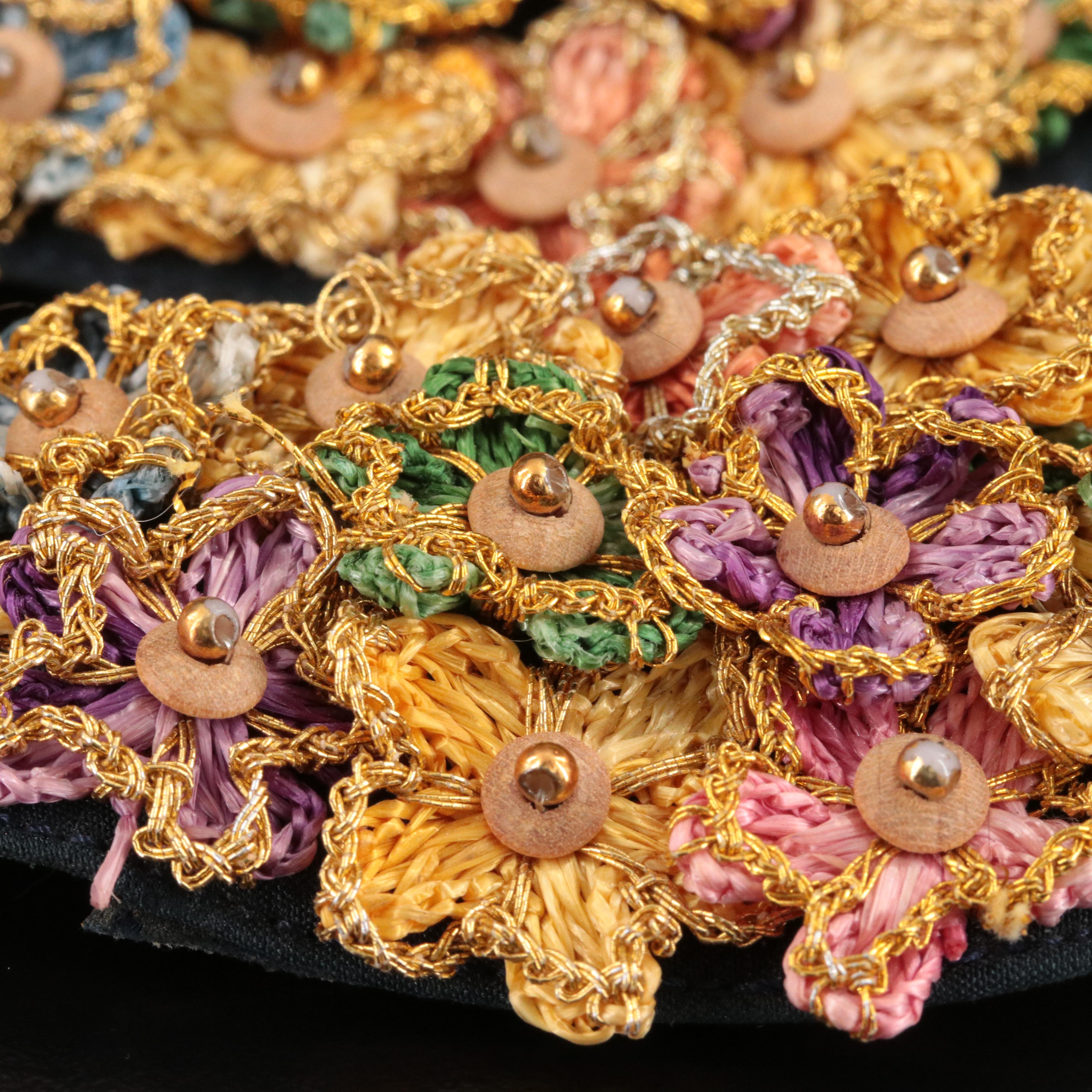 Pair of Embroidered Flower and Wood Bead Brooches