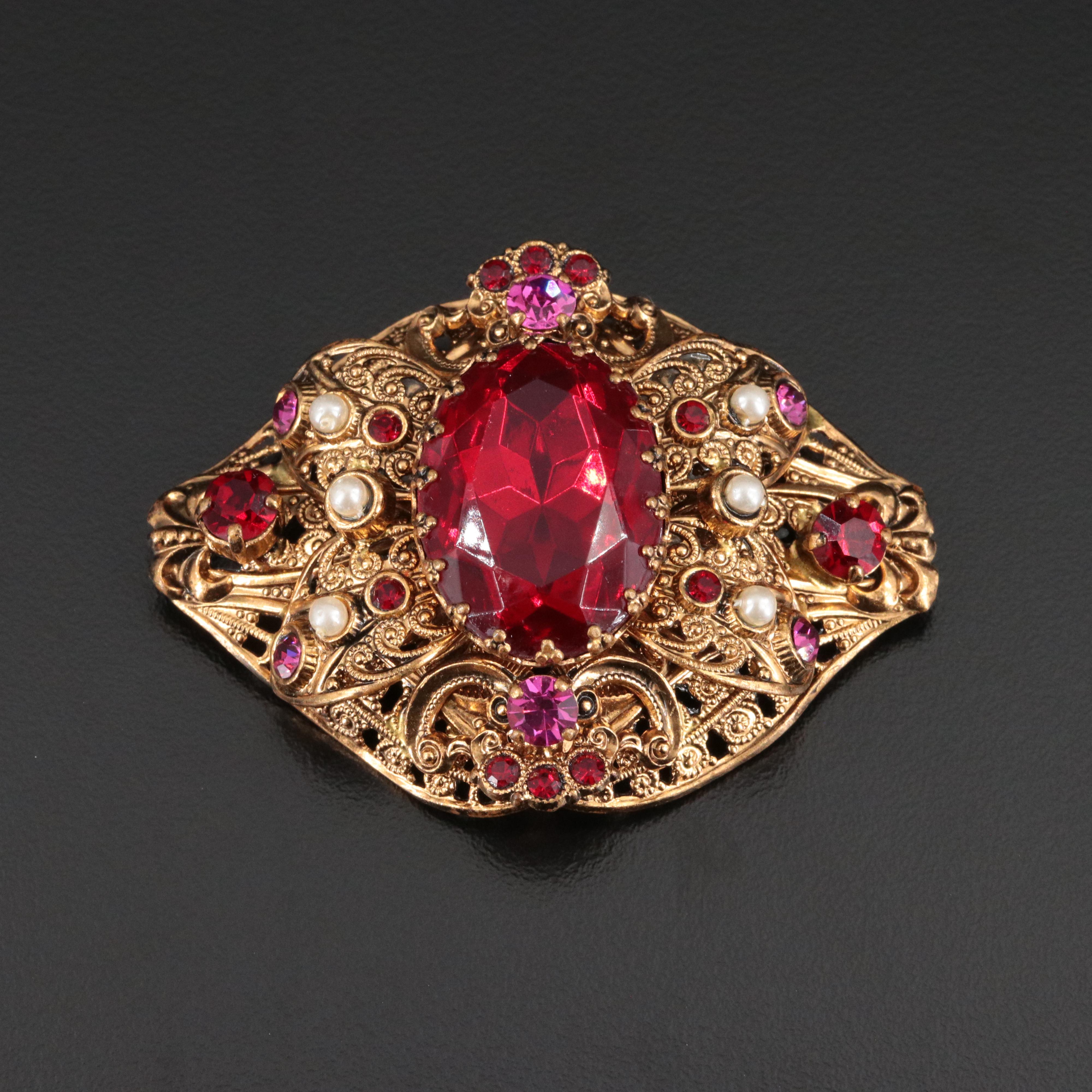 Rhinestone and Faux Pearl Brooch