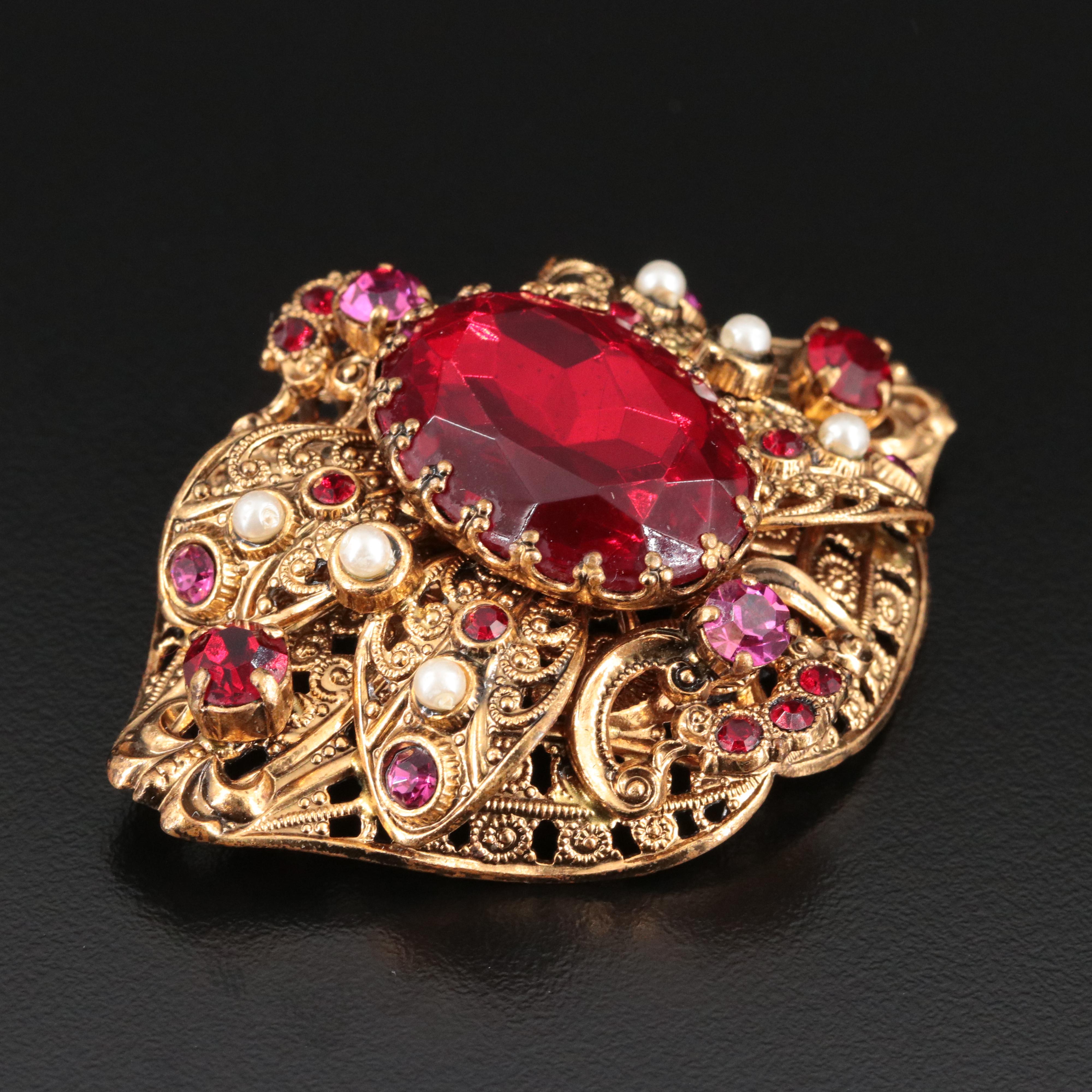 Rhinestone and Faux Pearl Brooch