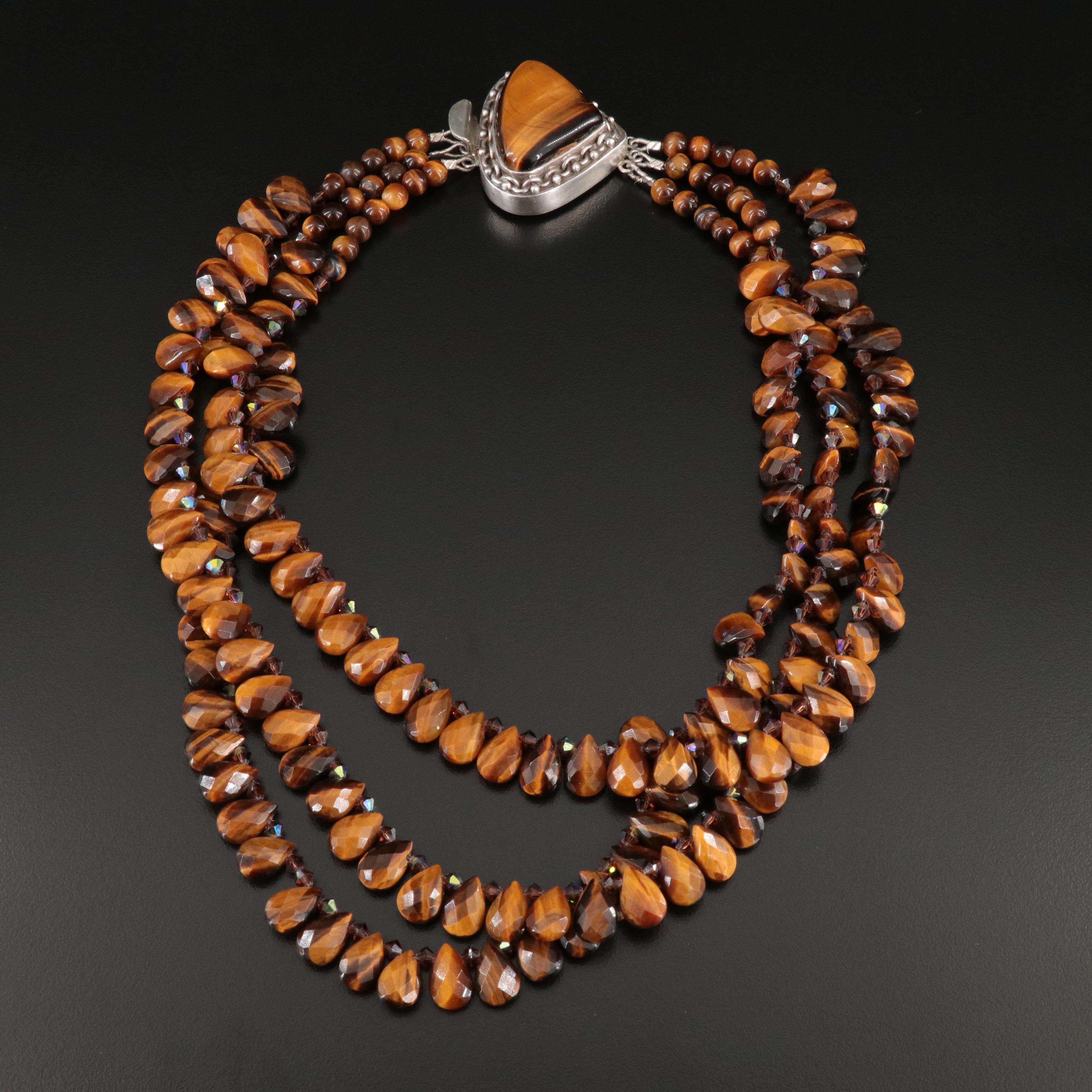 Sterling Tiger's Eye and Glass Bead Tiered Necklace