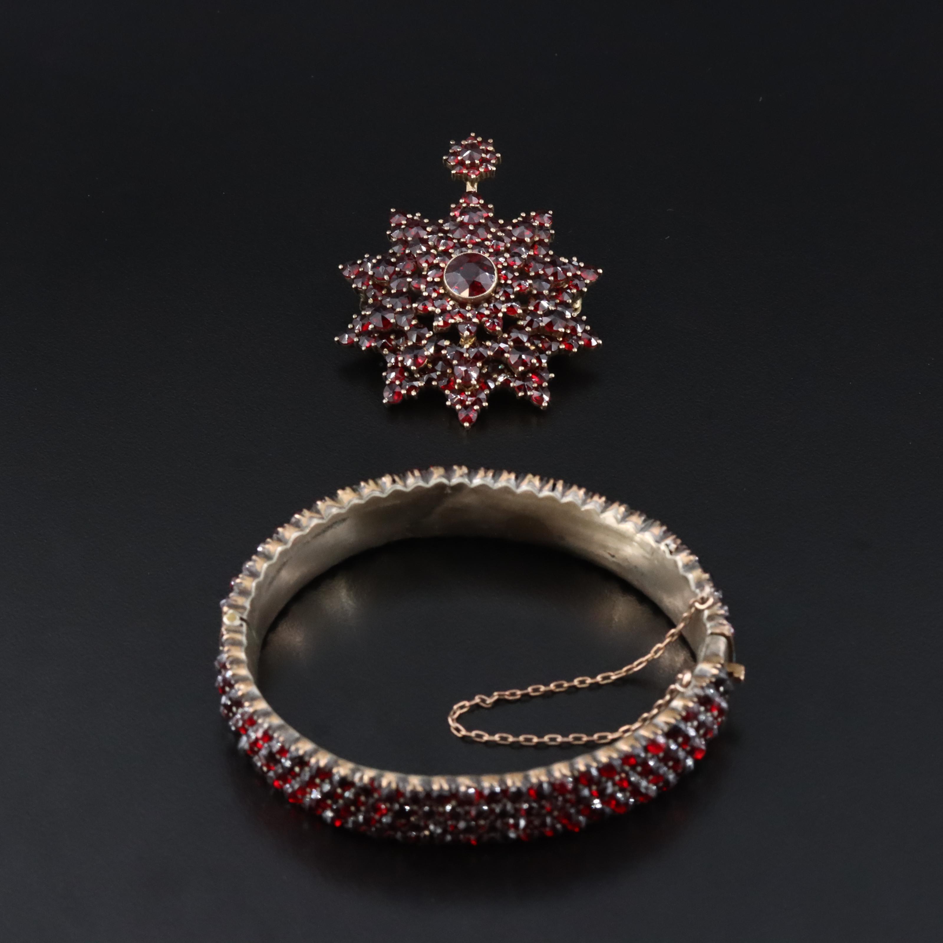 Vintage 800 Silver Garnet Star Converter Brooch and Bracelet