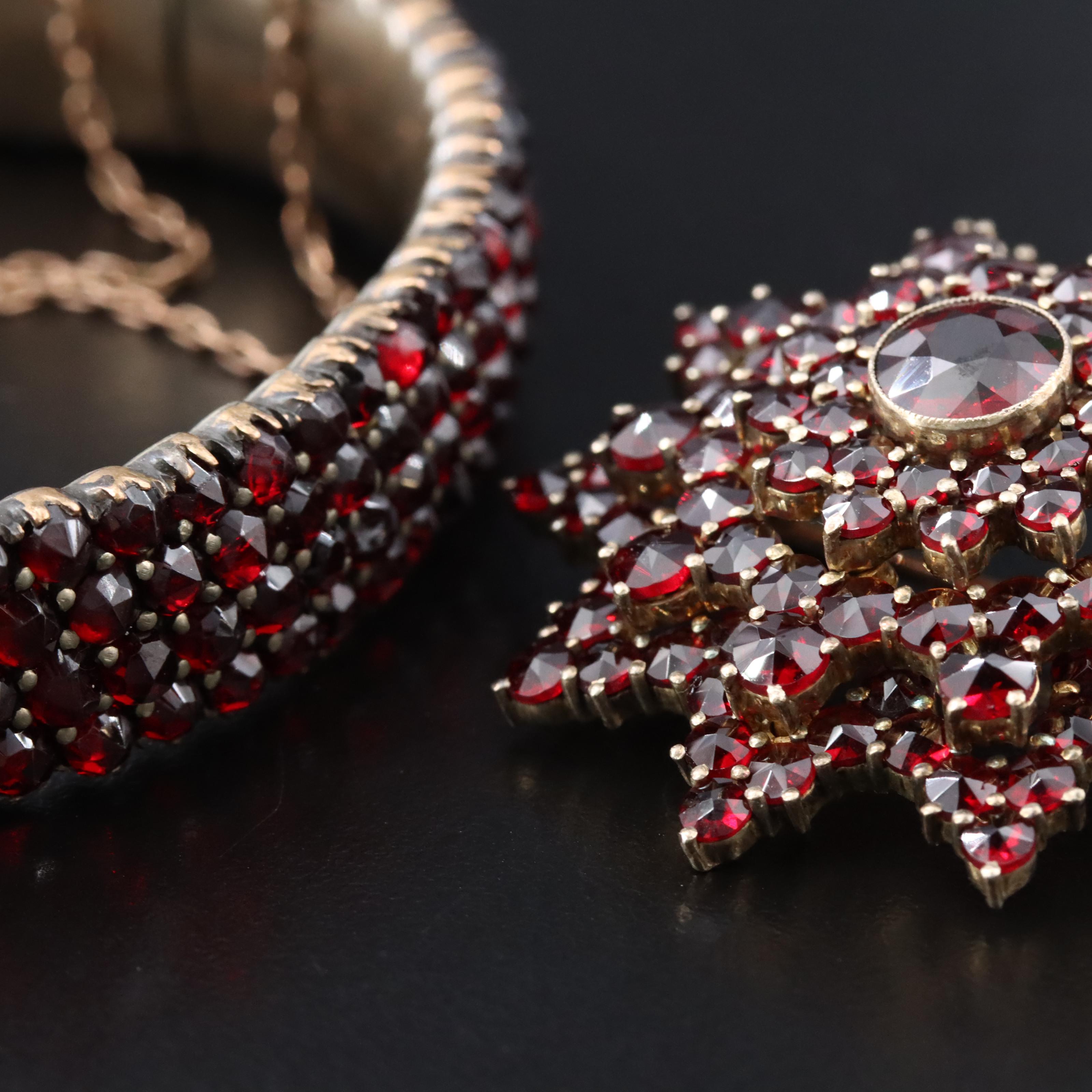 Vintage 800 Silver Garnet Star Converter Brooch and Bracelet