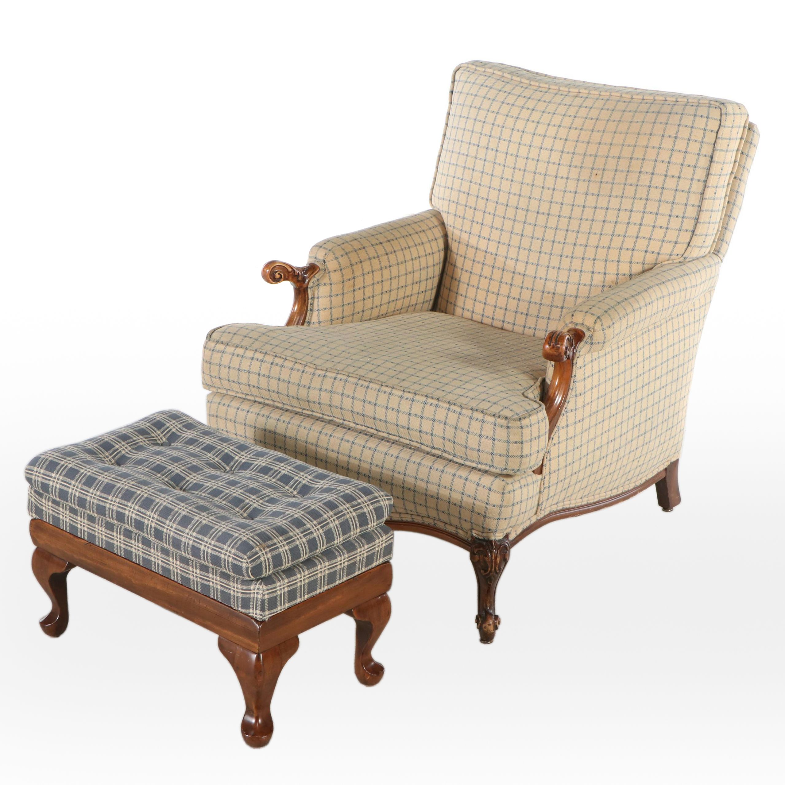 George II Style Upholstered Walnut Armchair with Plaid Ottoman