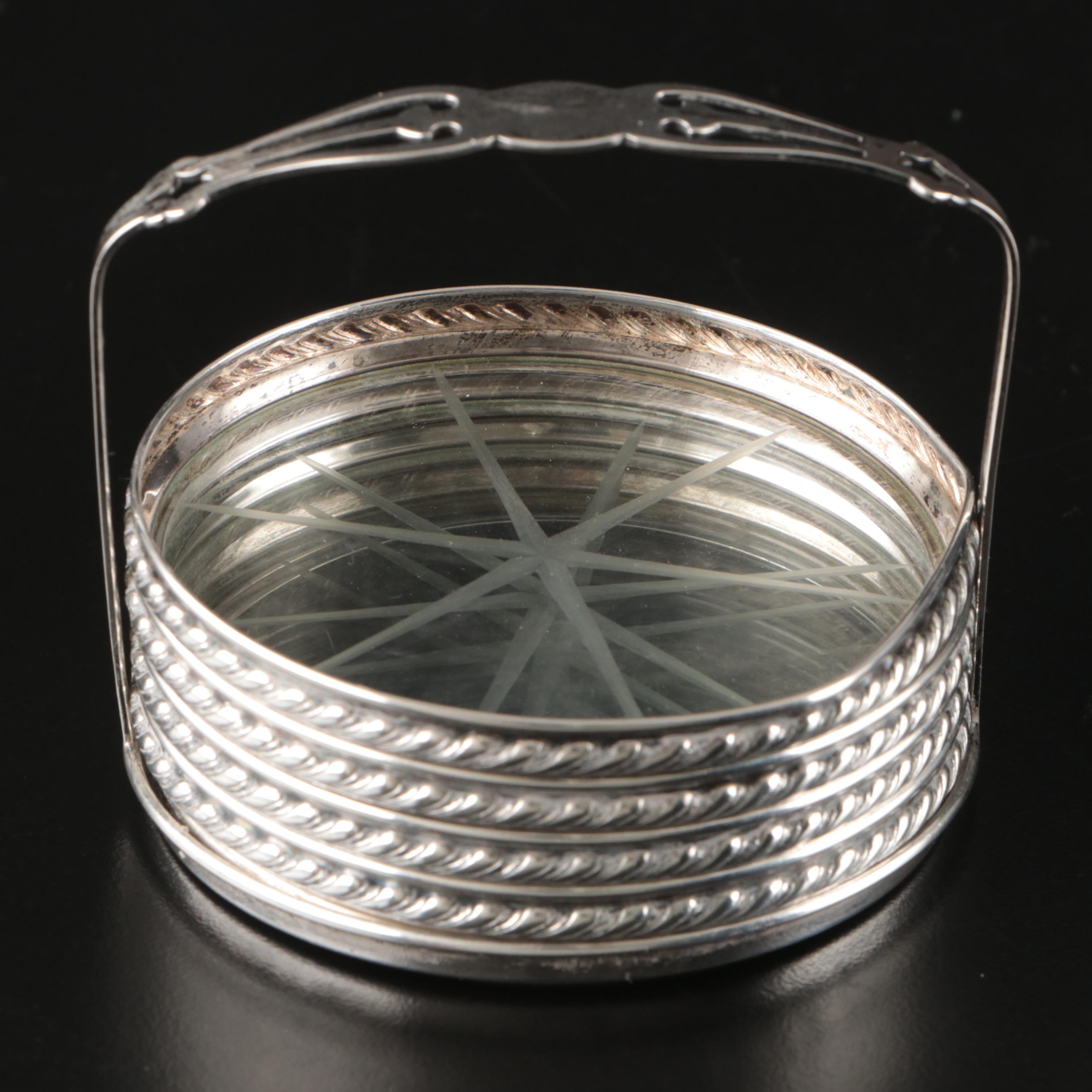 Sterling Silver and Crystal Coaster Set with Framed Silver Plate Cocktail Fork