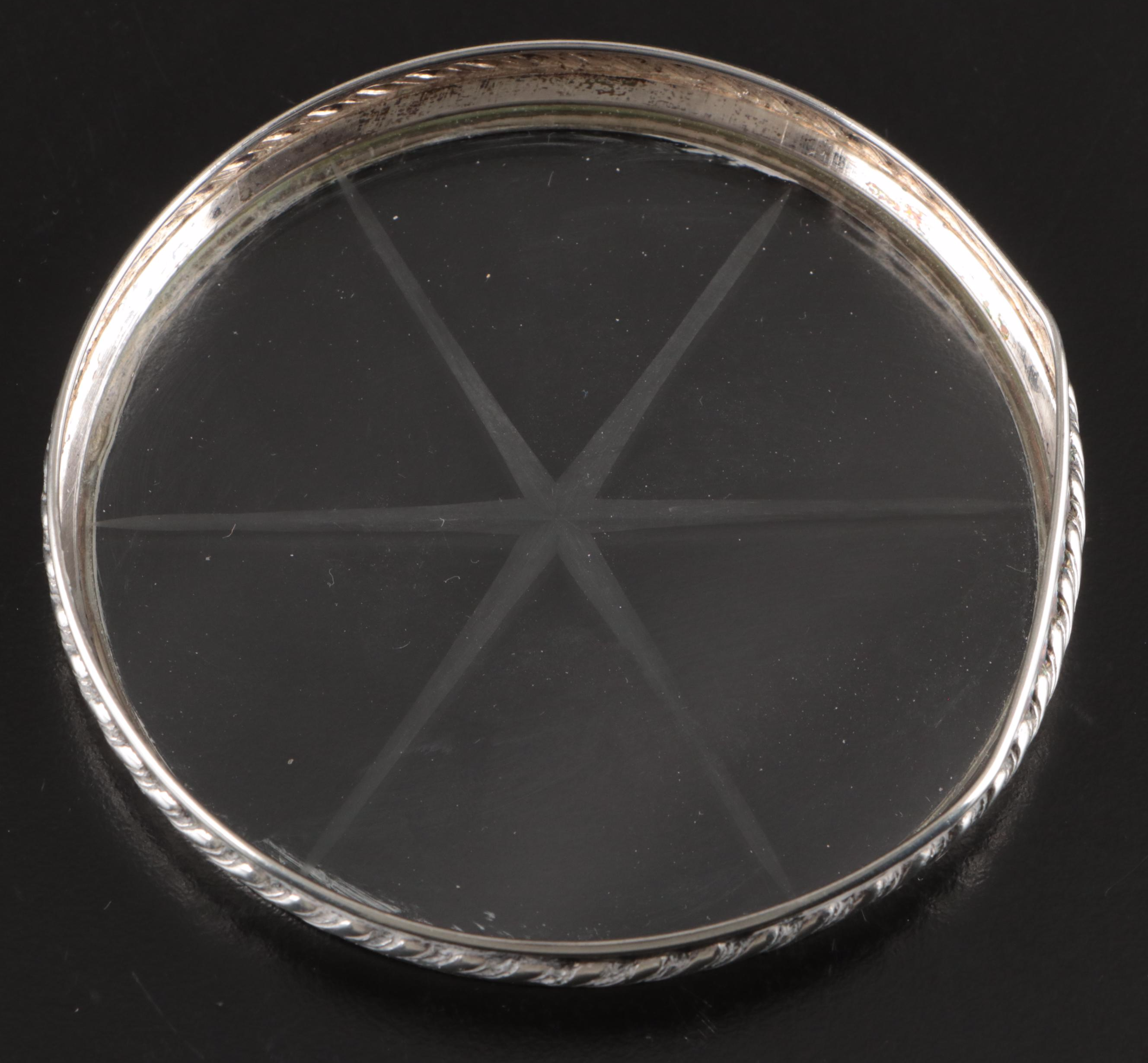 Sterling Silver and Crystal Coaster Set with Framed Silver Plate Cocktail Fork