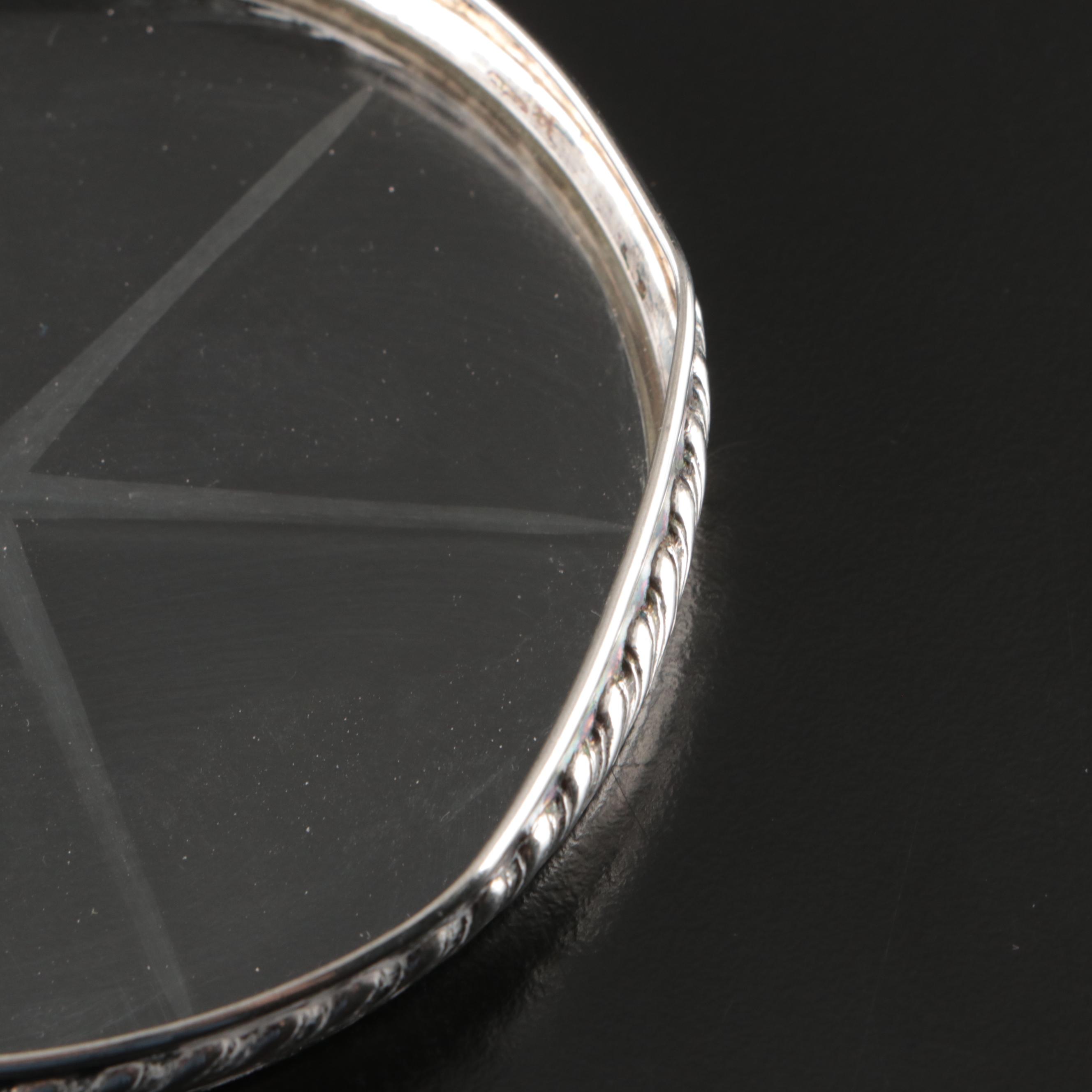 Sterling Silver and Crystal Coaster Set with Framed Silver Plate Cocktail Fork