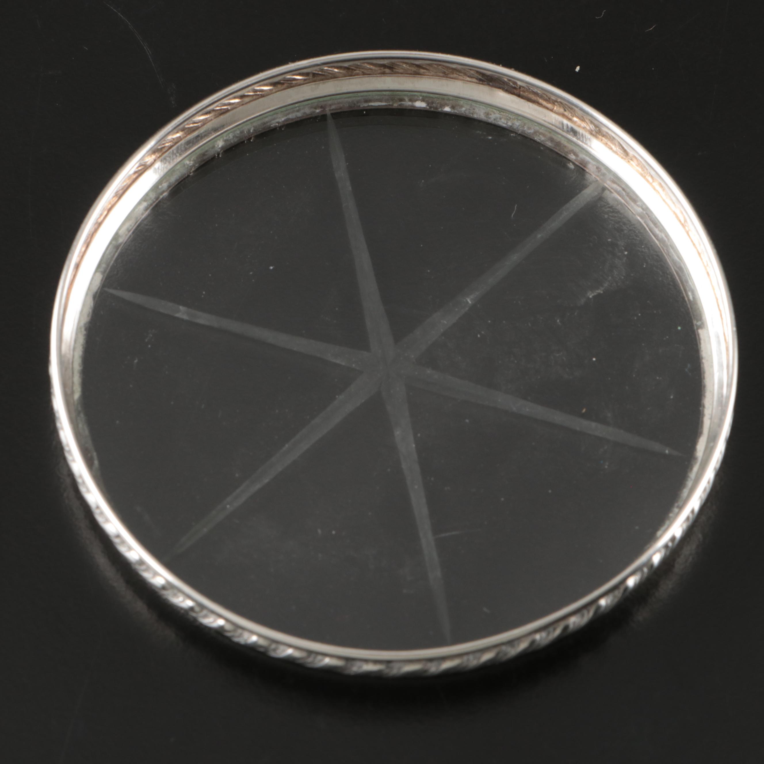 Sterling Silver and Crystal Coaster Set with Framed Silver Plate Cocktail Fork