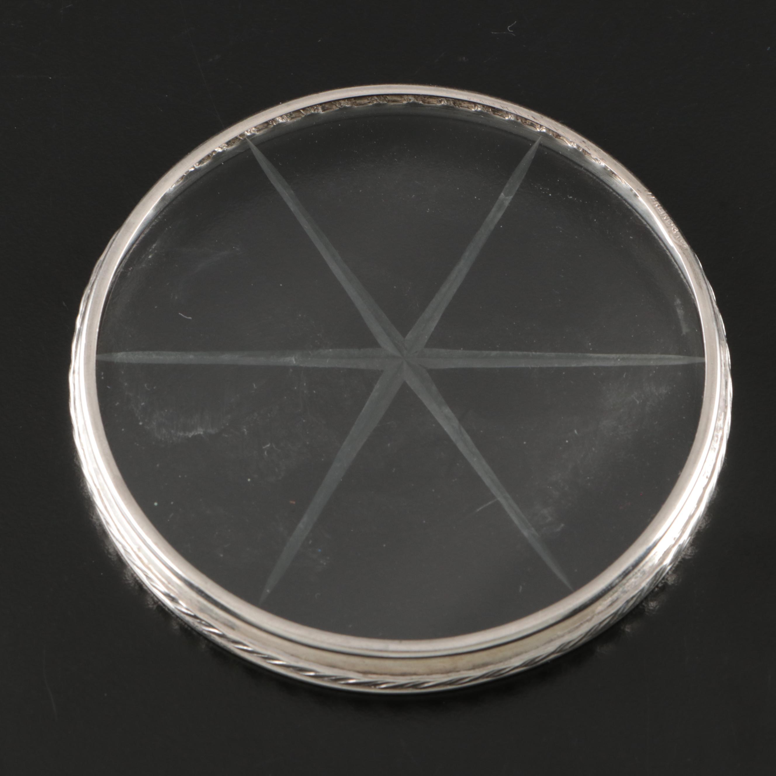 Sterling Silver and Crystal Coaster Set with Framed Silver Plate Cocktail Fork