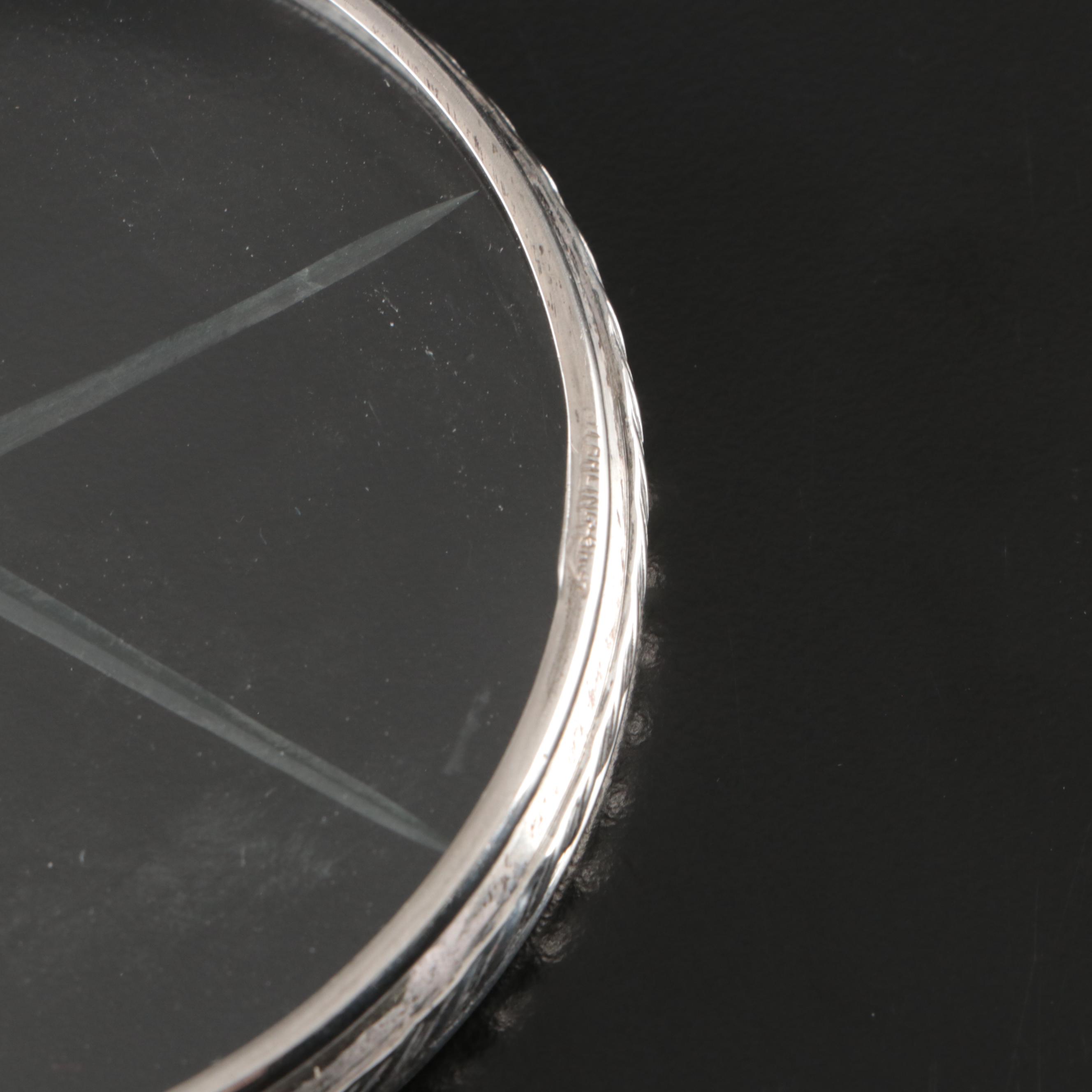 Sterling Silver and Crystal Coaster Set with Framed Silver Plate Cocktail Fork