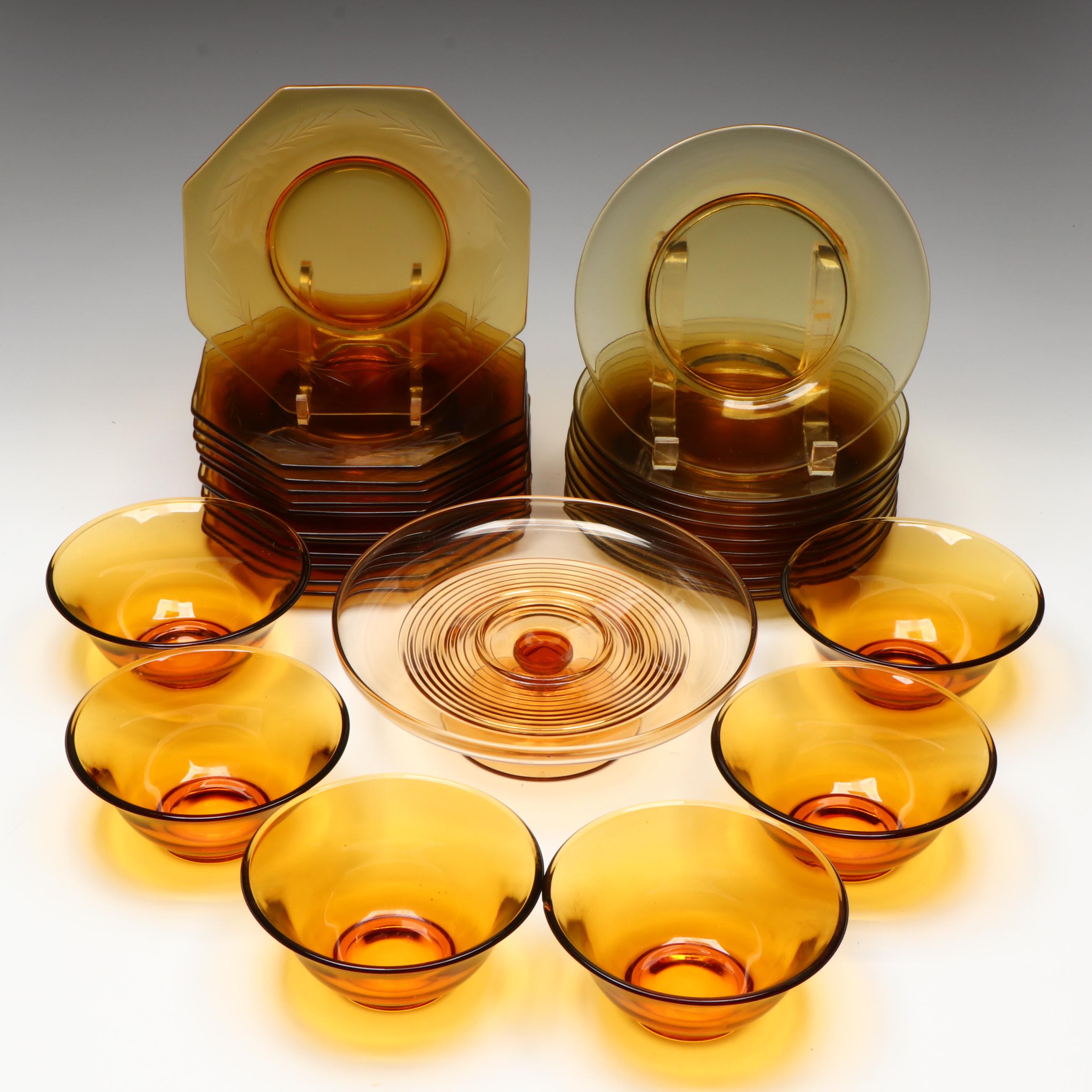 Spiral Pattern Cake Plate and Other Amber Glass Dinnerware