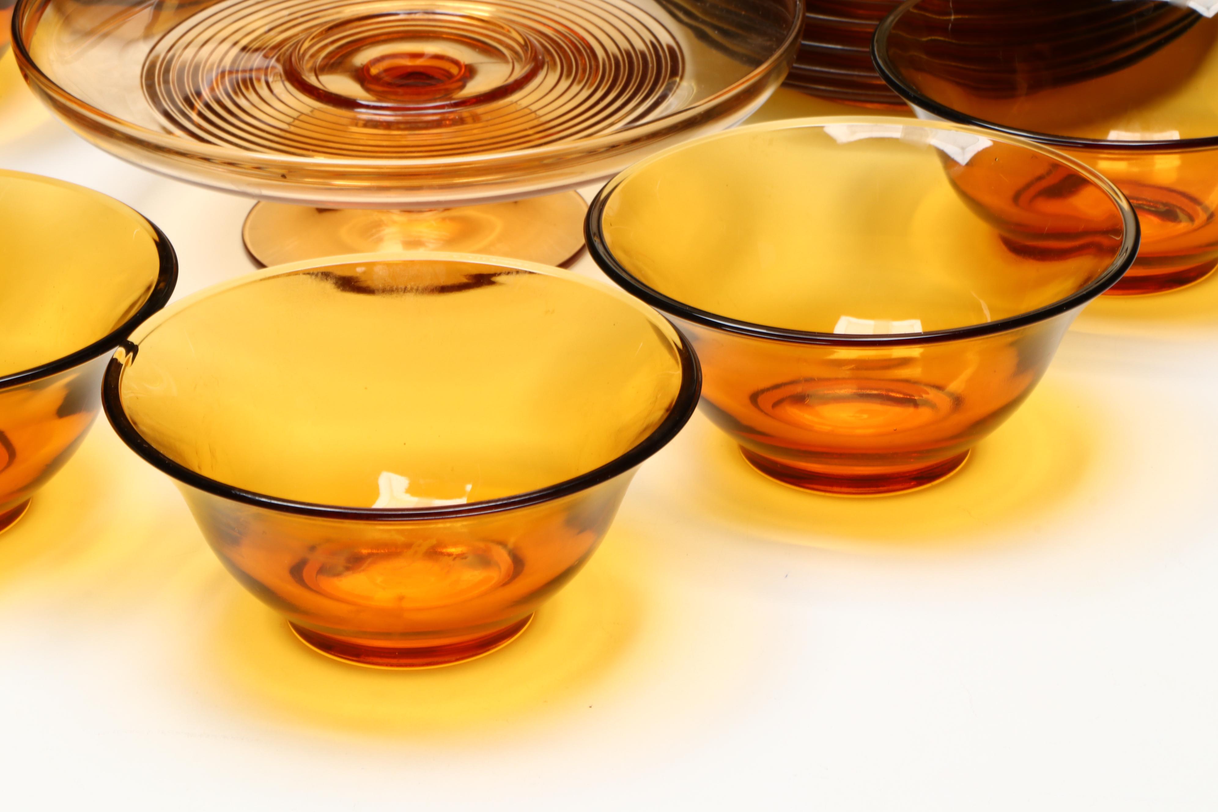 Spiral Pattern Cake Plate and Other Amber Glass Dinnerware