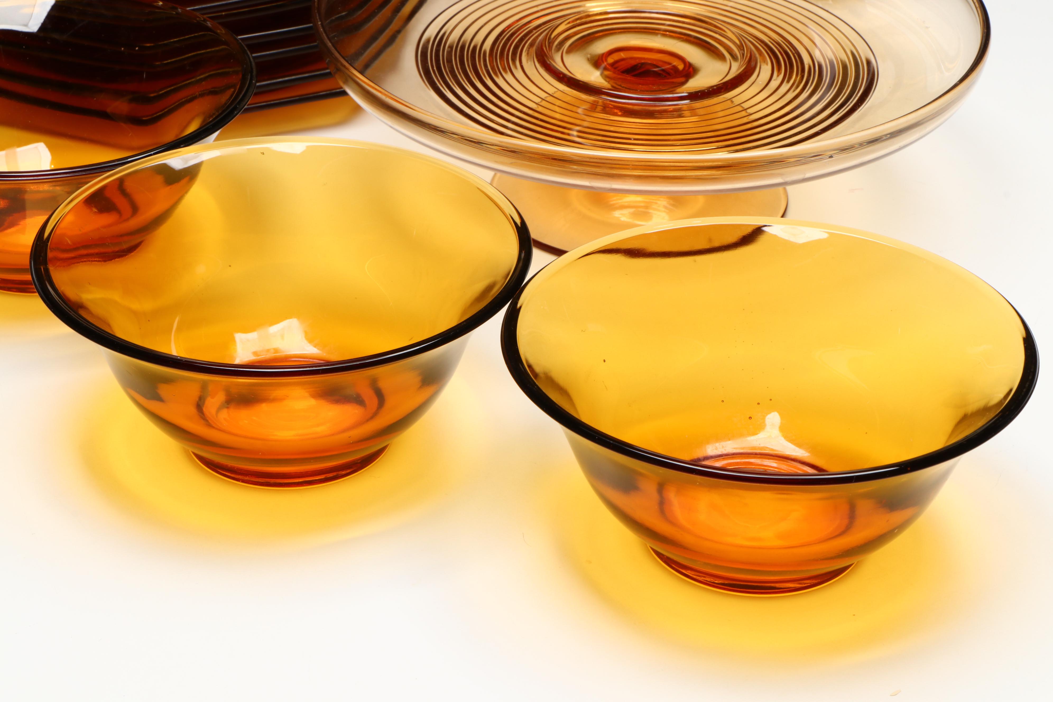 Spiral Pattern Cake Plate and Other Amber Glass Dinnerware