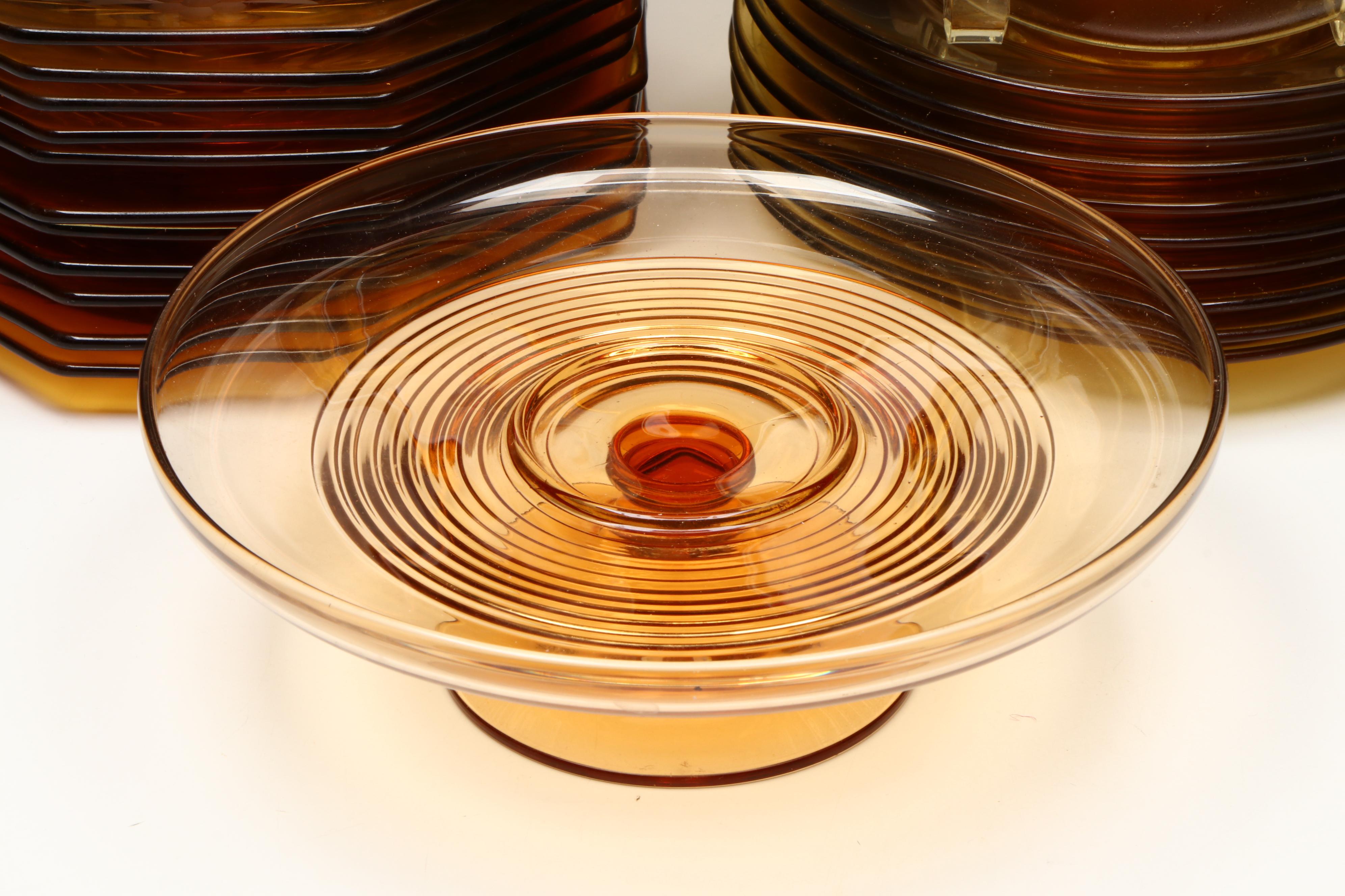 Spiral Pattern Cake Plate and Other Amber Glass Dinnerware