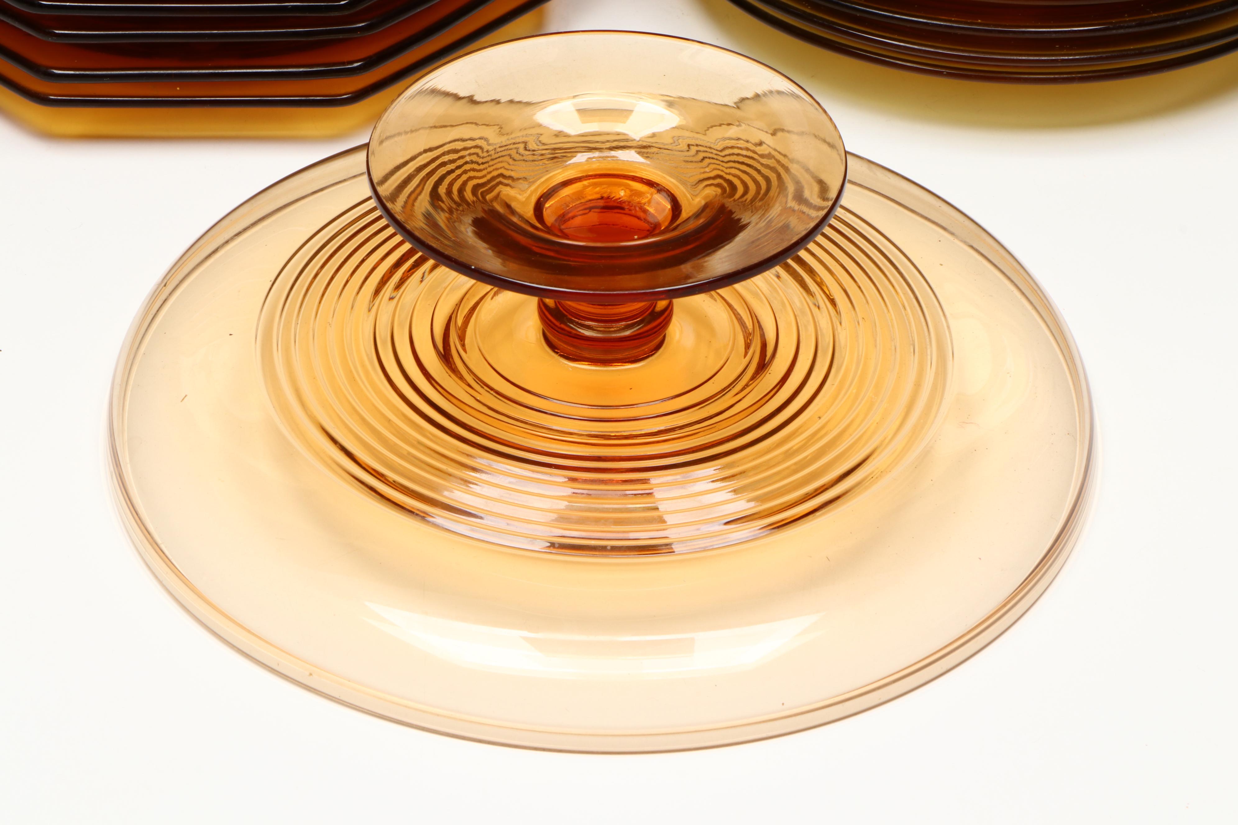 Spiral Pattern Cake Plate and Other Amber Glass Dinnerware