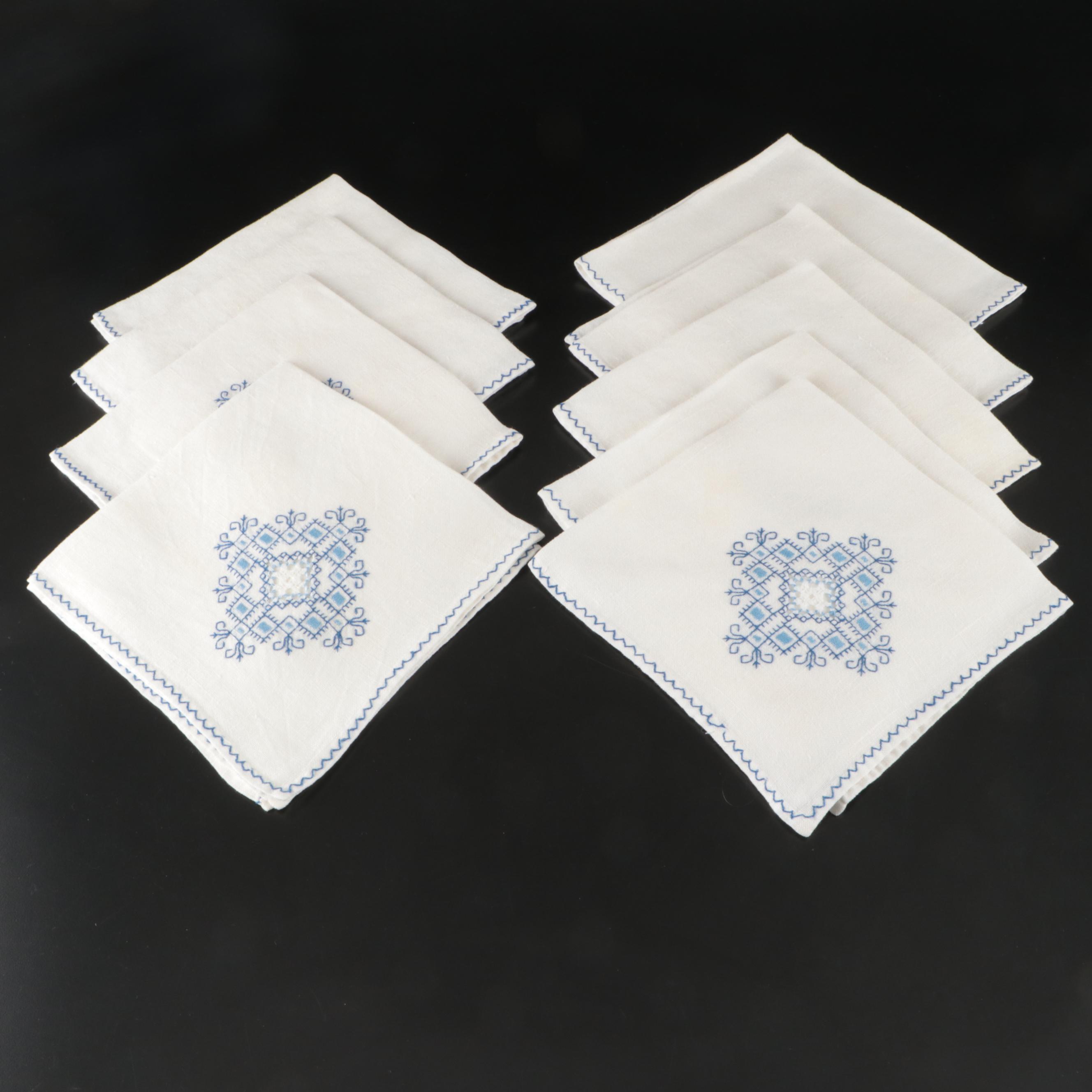 Blue Floral Embroidered White Tablecloths, Placemats and Napkins