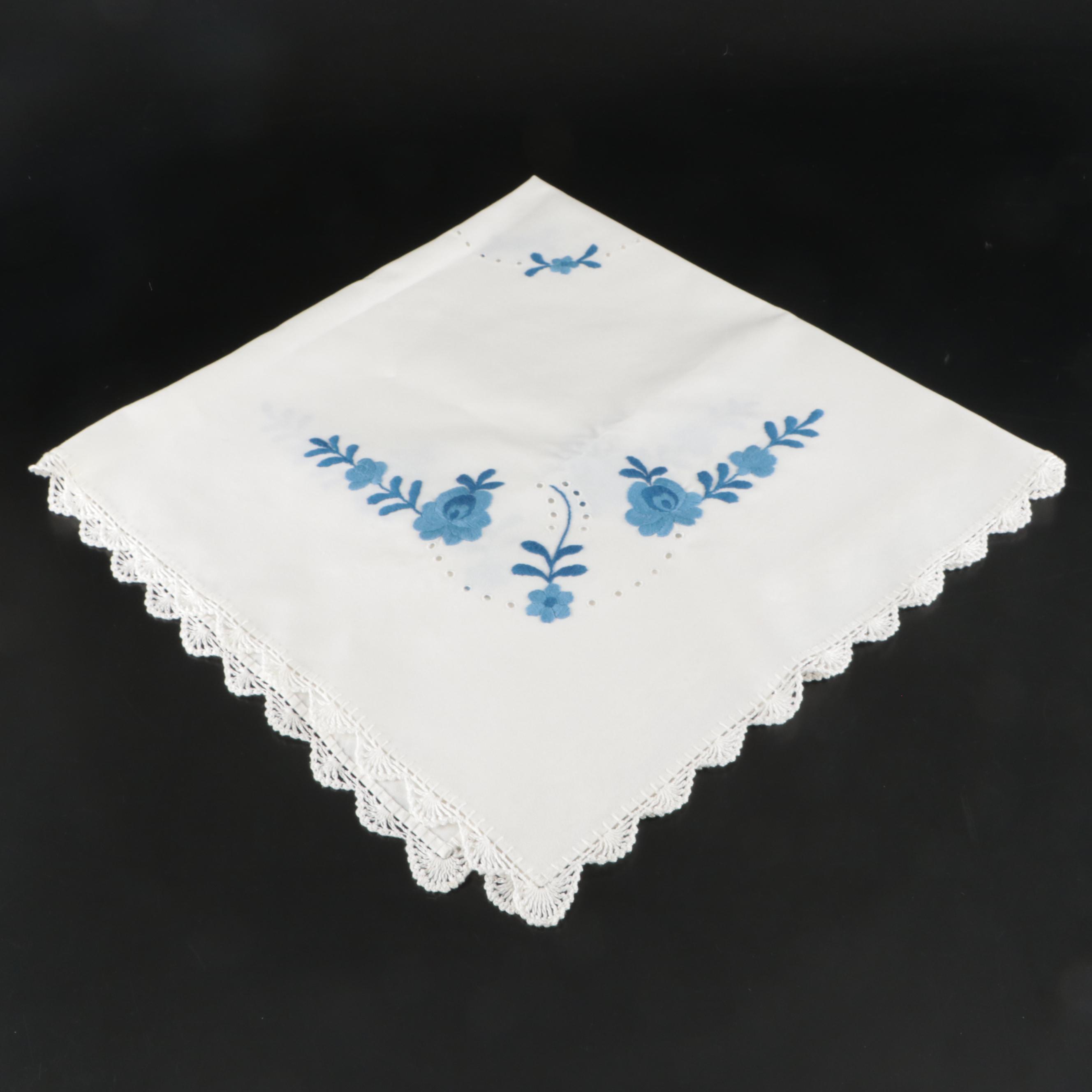 Blue Floral Embroidered White Tablecloths, Placemats and Napkins