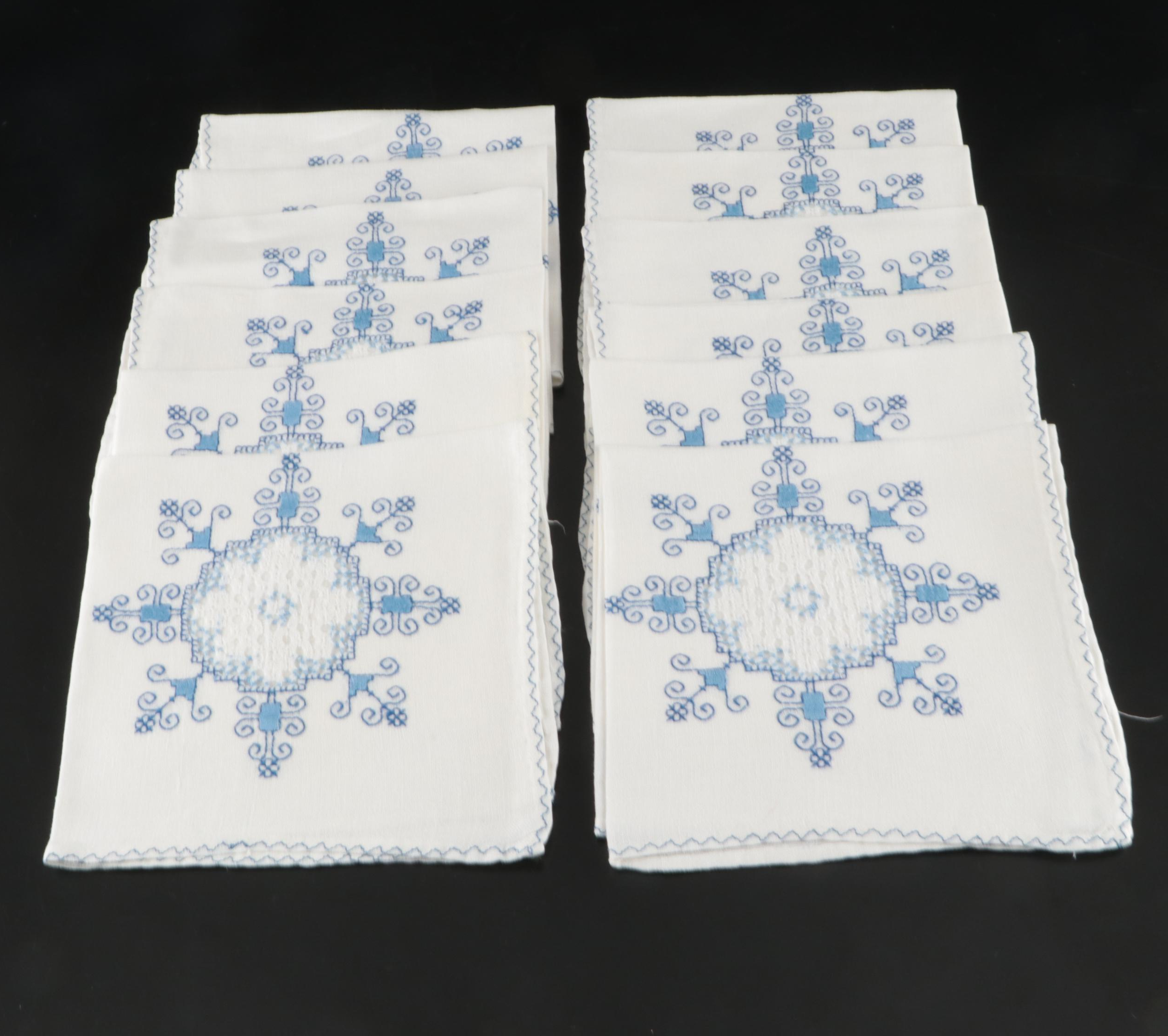Blue Floral Embroidered White Tablecloths, Placemats and Napkins