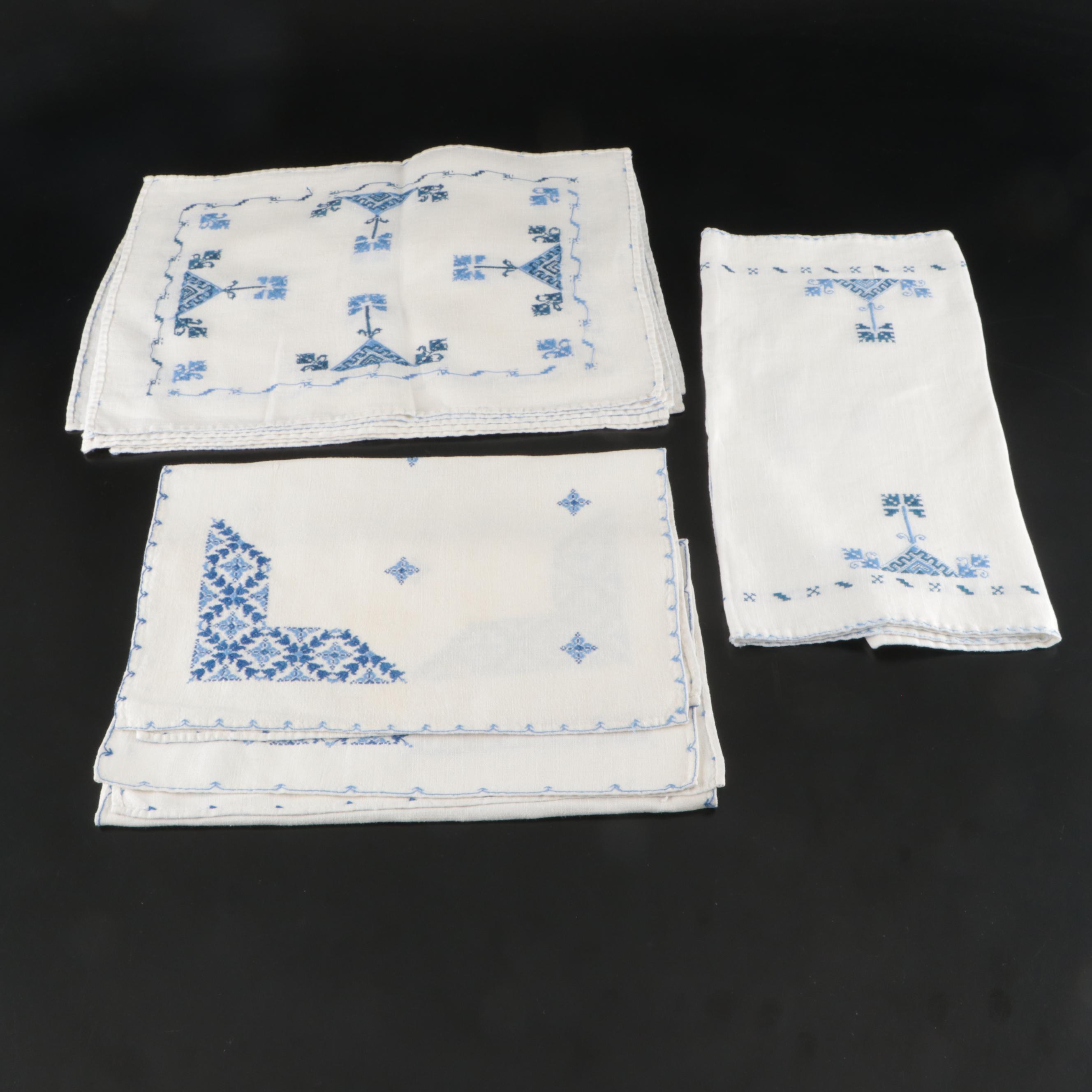 Blue Floral Embroidered White Tablecloths, Placemats and Napkins