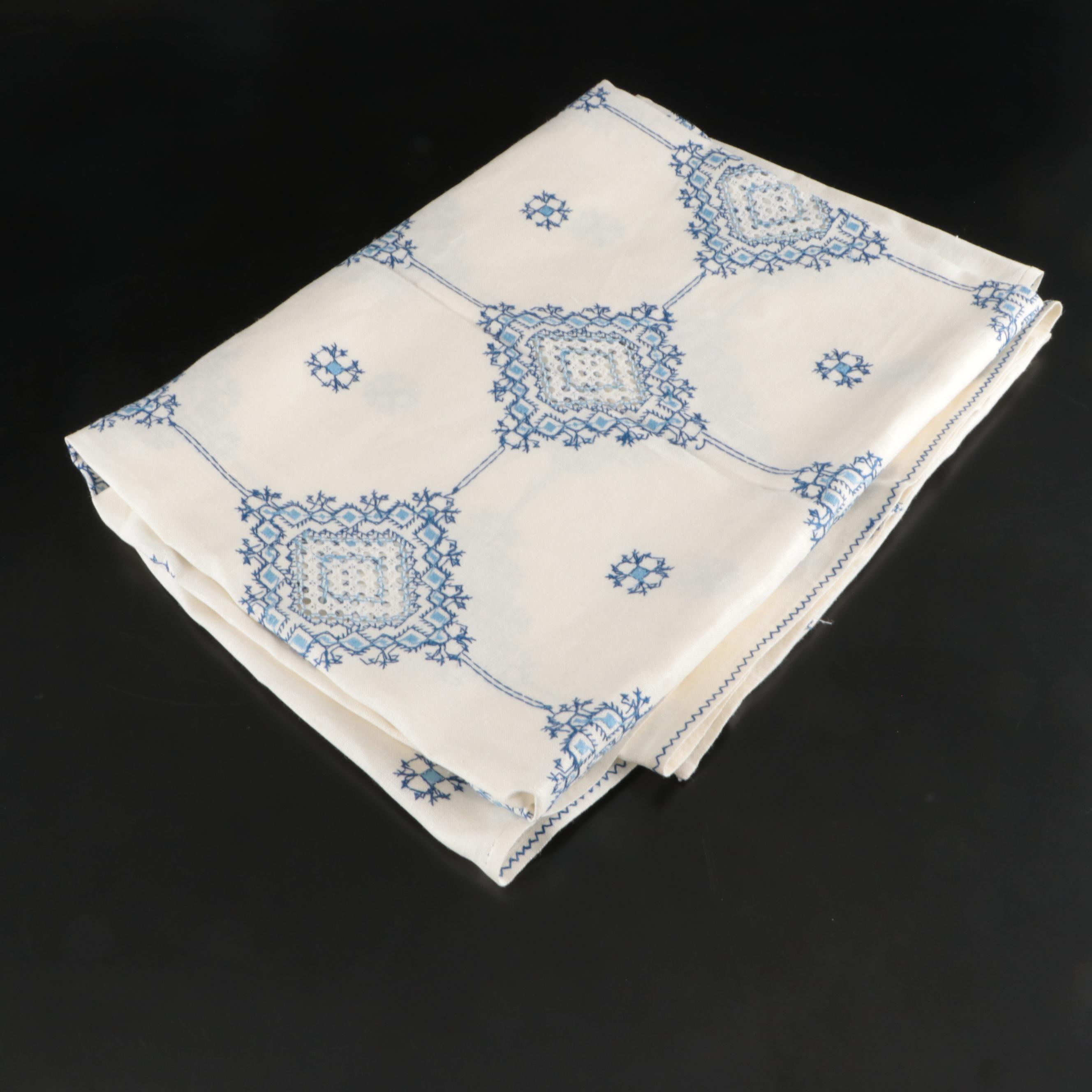 Blue Floral Embroidered White Tablecloths, Placemats and Napkins