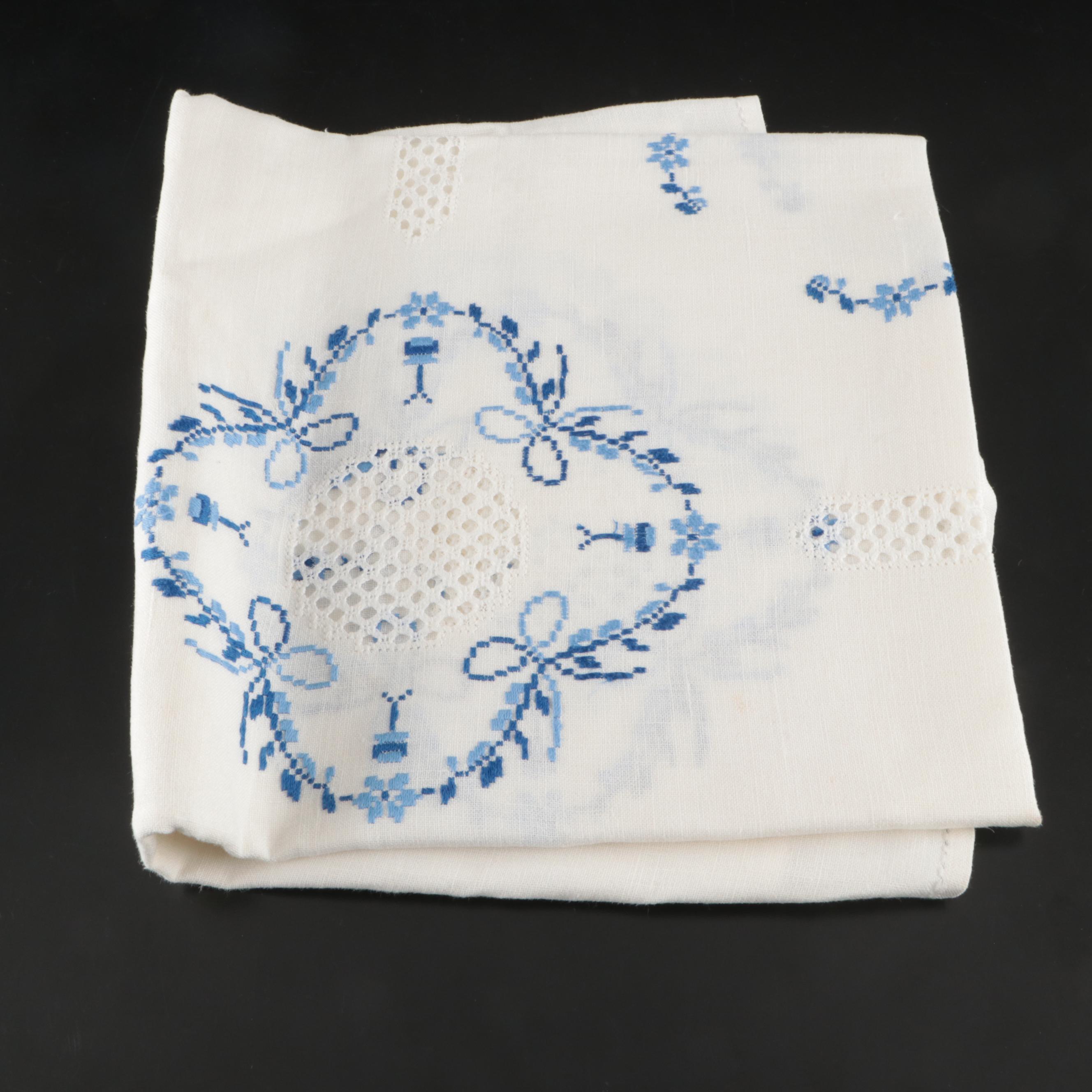 Blue Floral Embroidered White Tablecloths, Placemats and Napkins