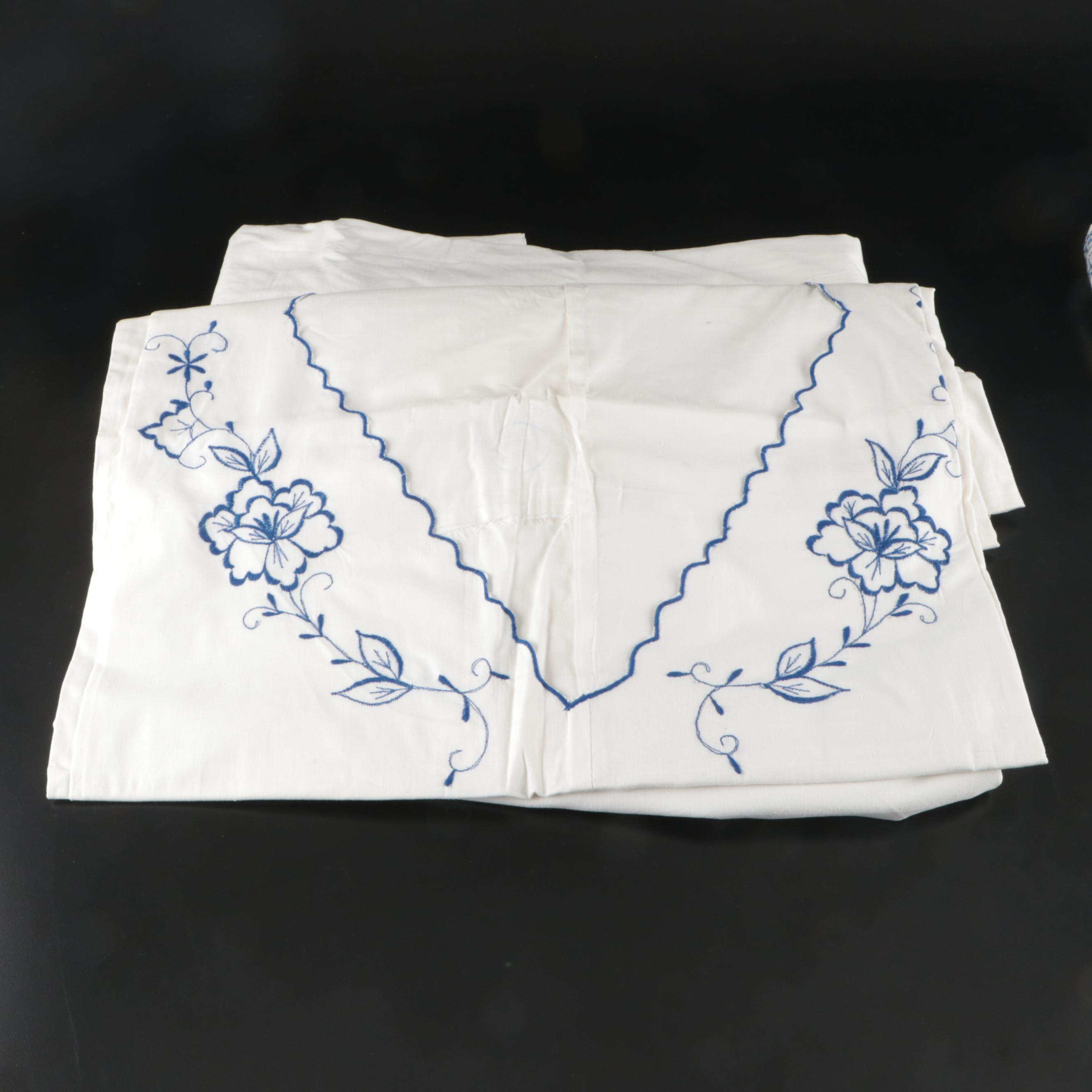 Blue Floral Embroidered White Tablecloths, Placemats and Napkins