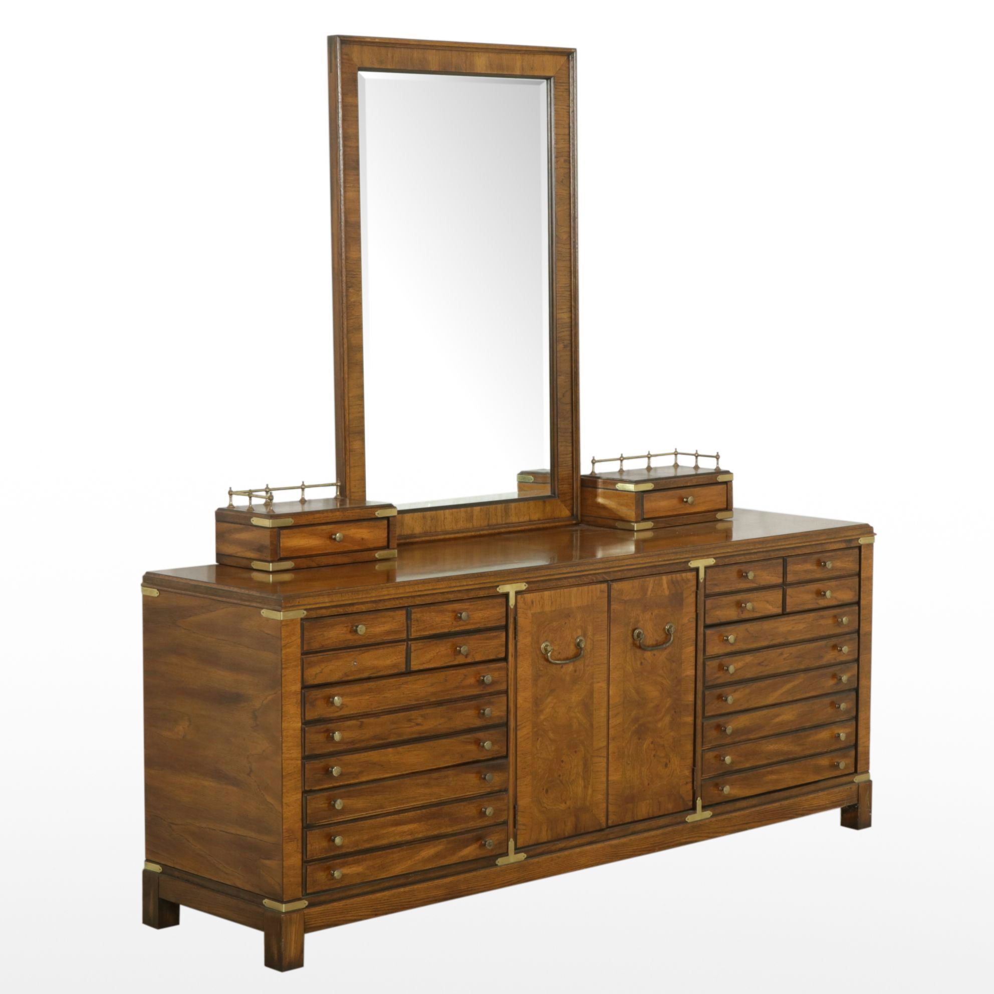 Lane Campaign Style Burl Walnut Dresser and Mirror