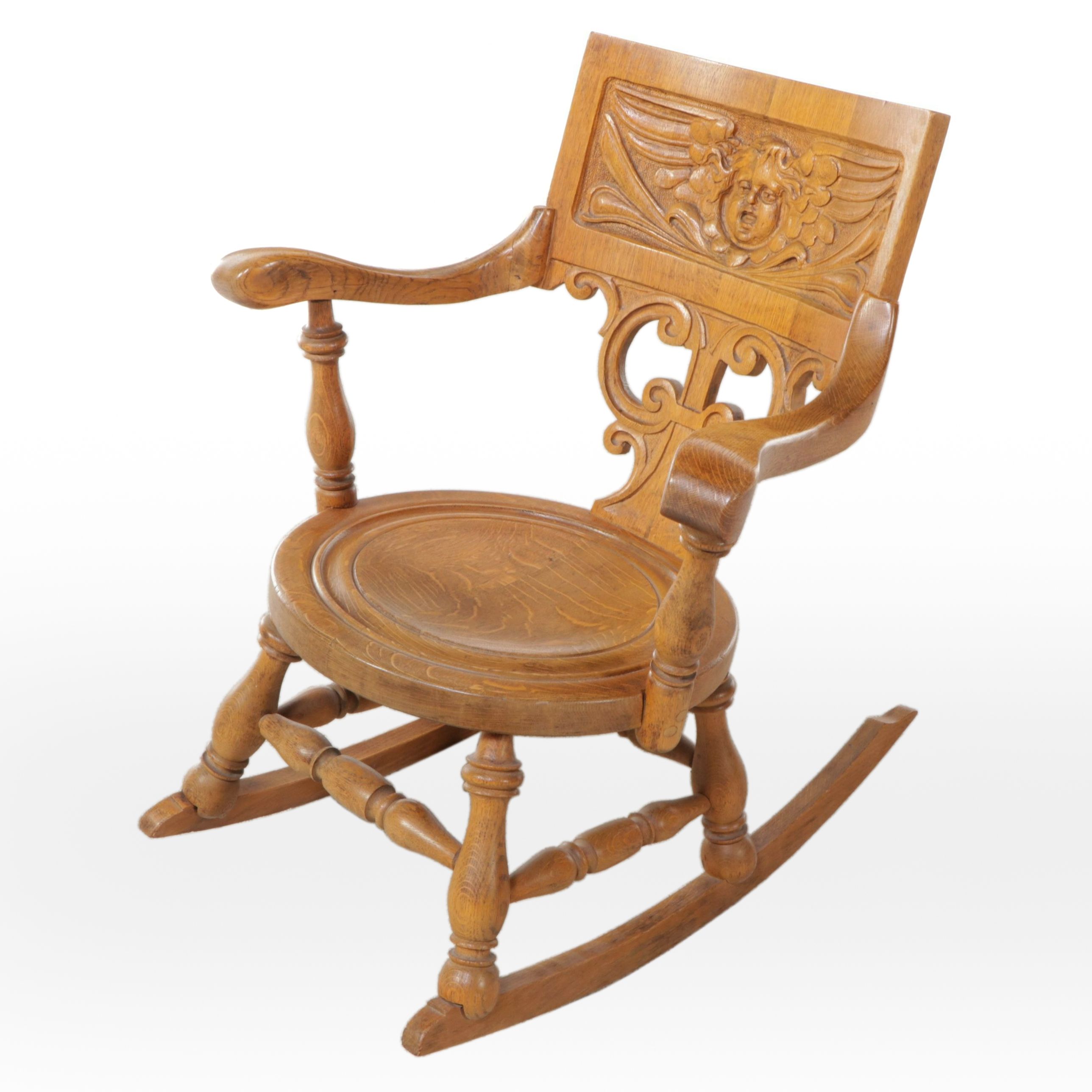 Black Forest Style Carved Oak Rocking Chair, Early 20th Century