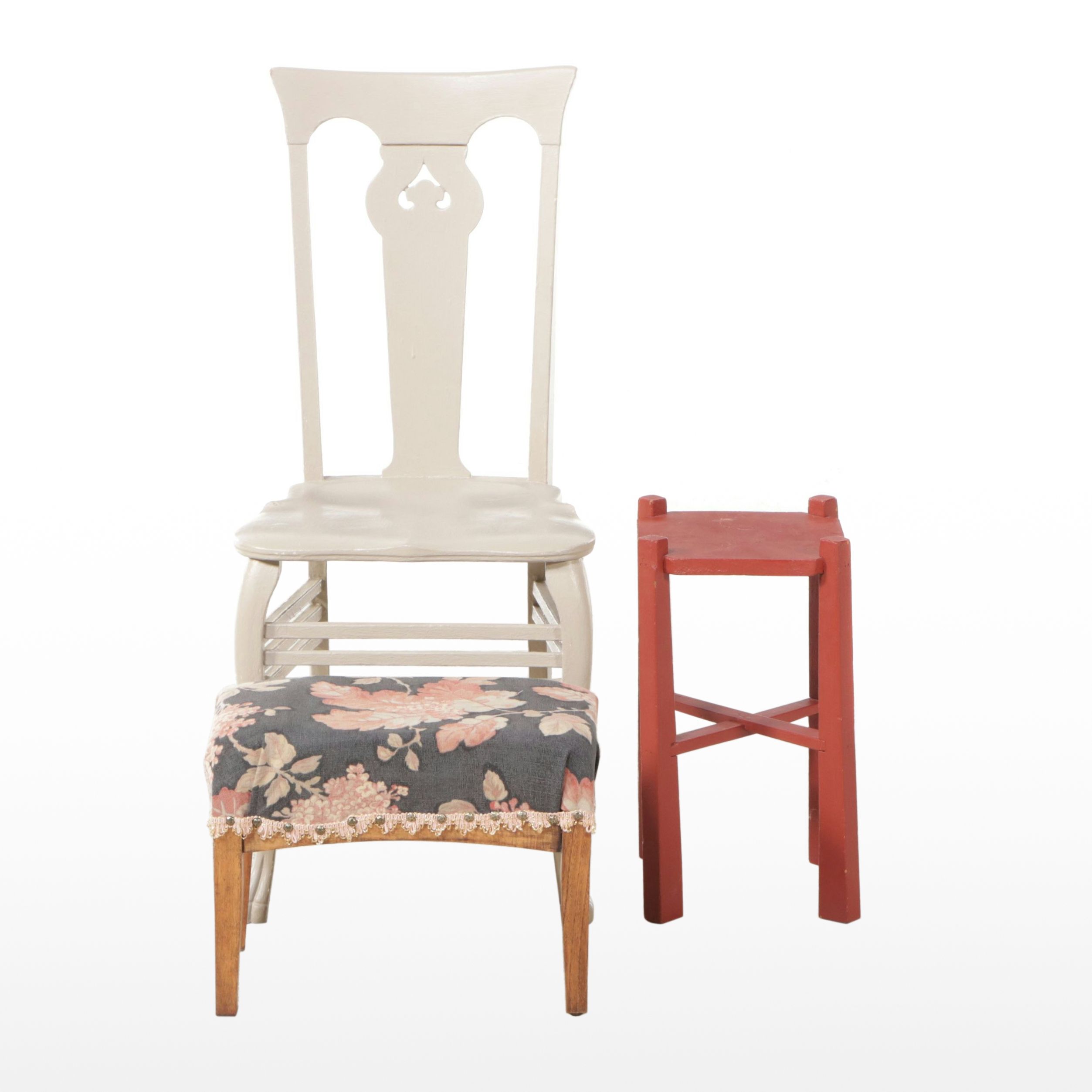 Painted White Side Chair, Red Painted Wood Accent Table and Footstool