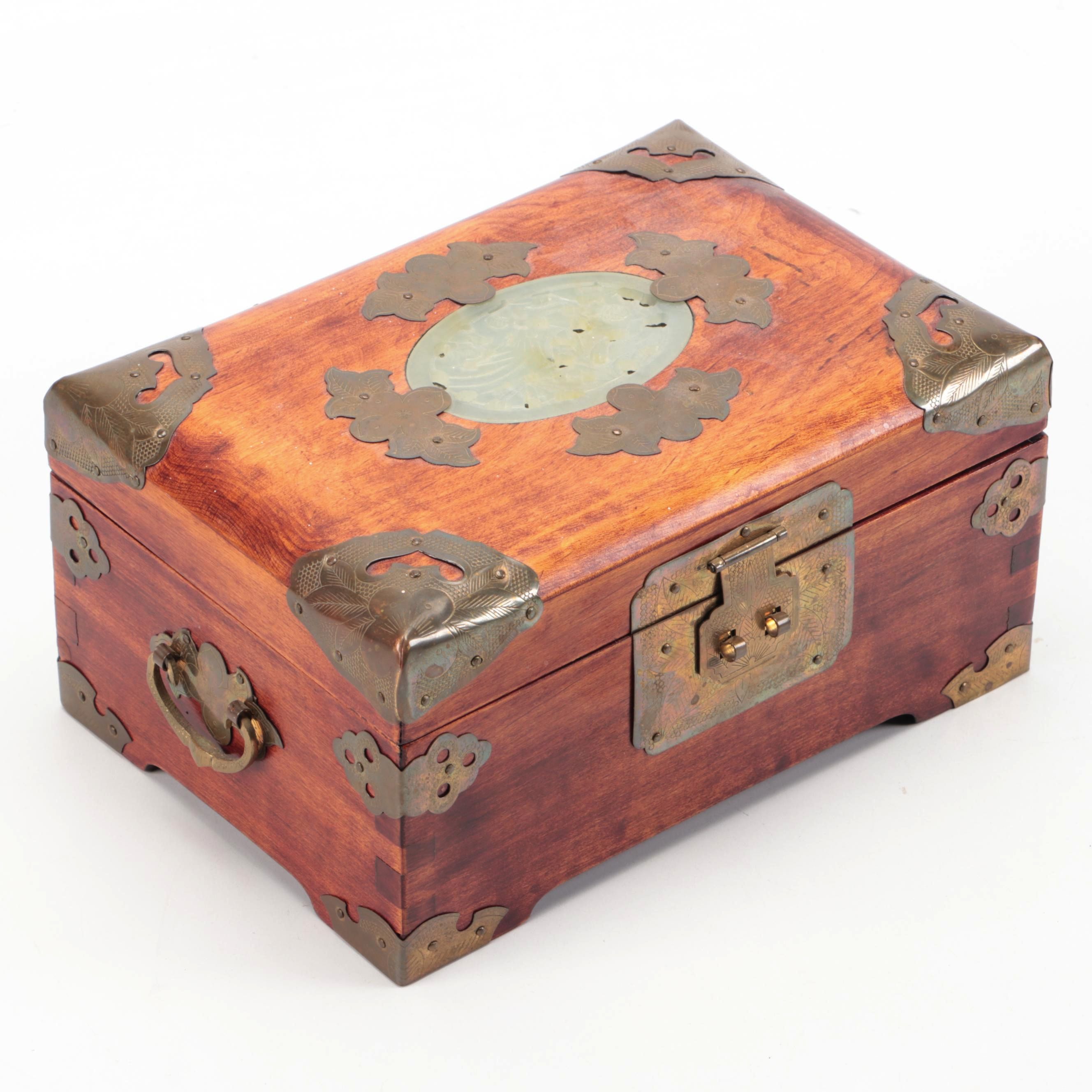 Chinese Inlaid Serpentine Wood Jewelry Box with Etched Brass Accents