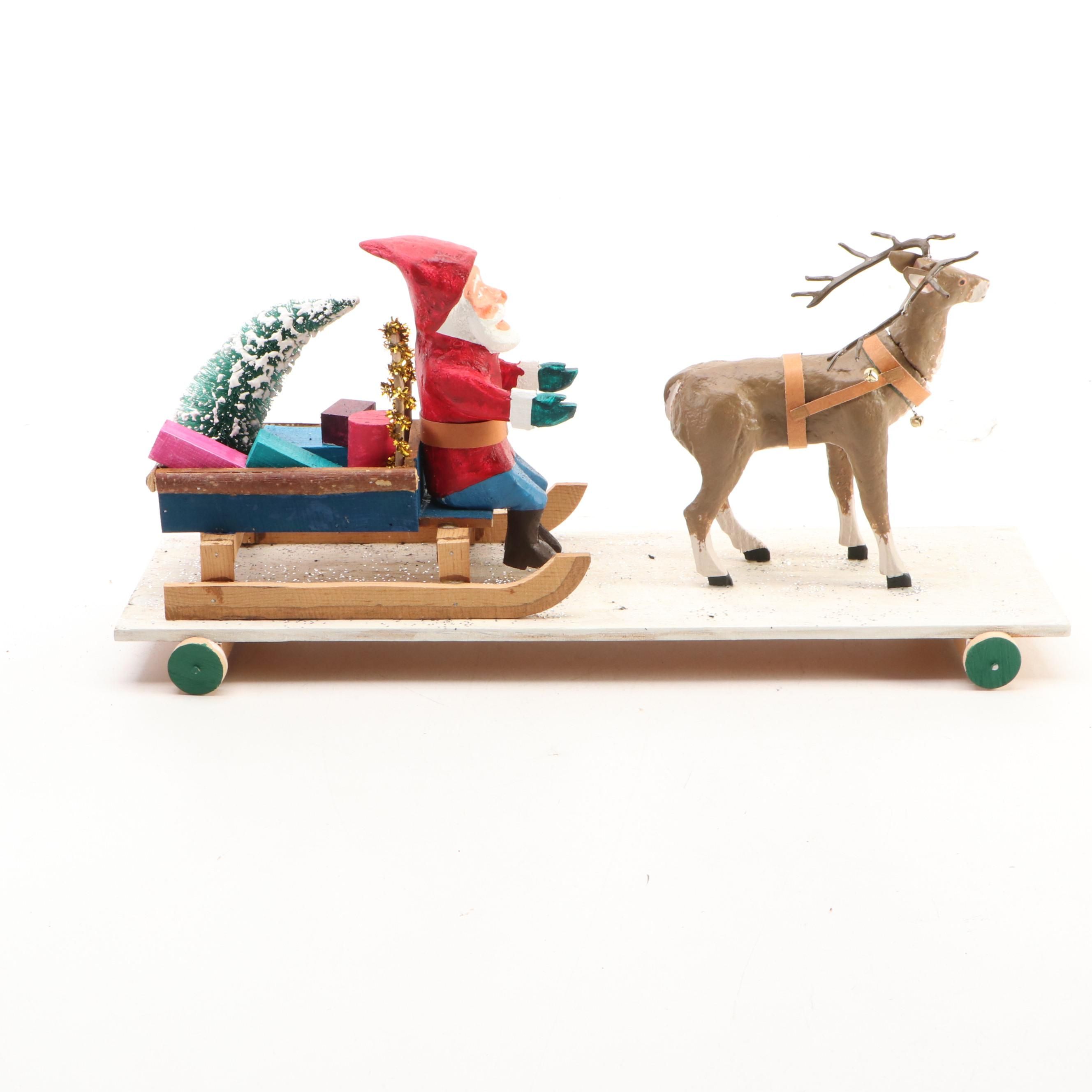 Folk Art Hand-Painted Santa Claus Pull Toy