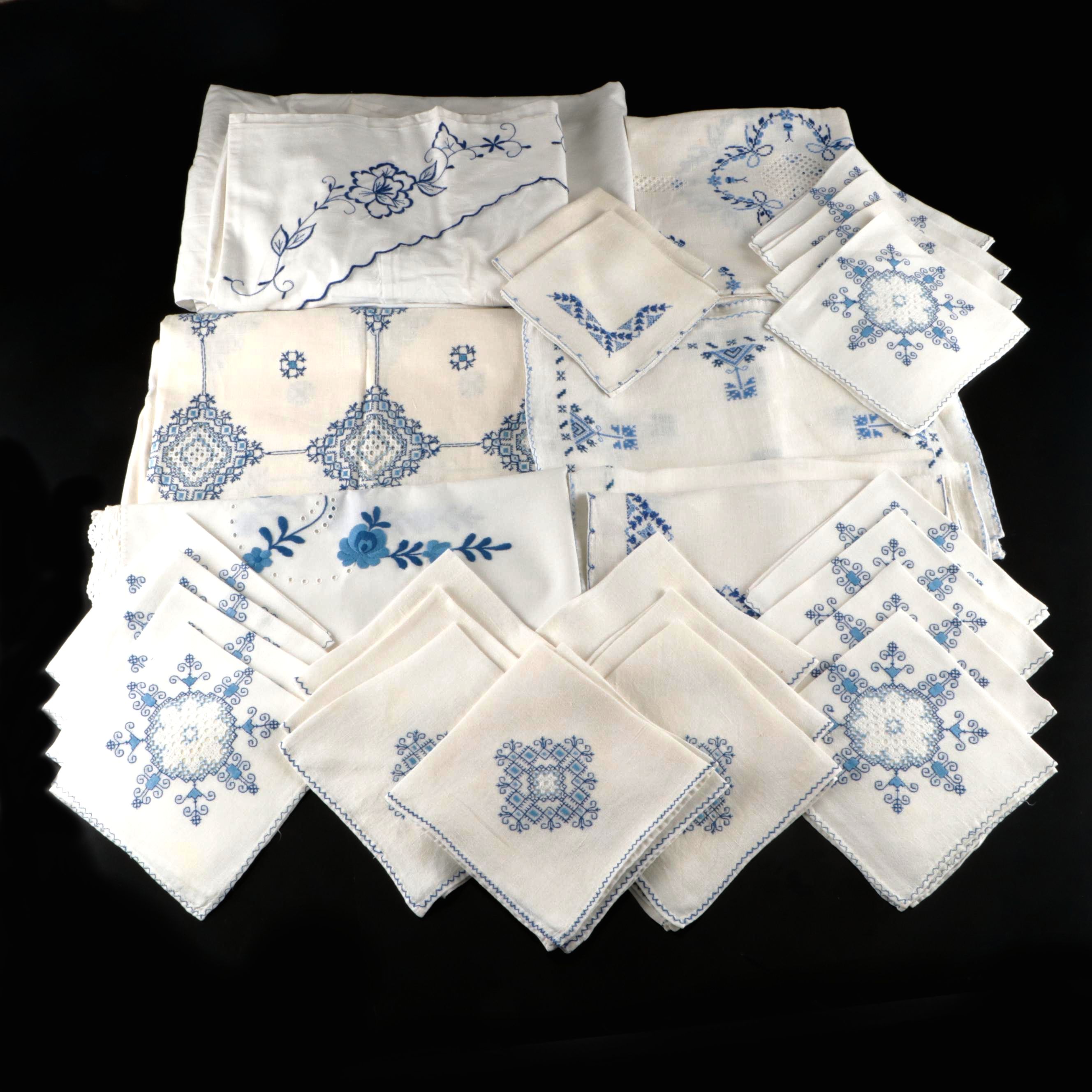 Blue Floral Embroidered White Tablecloths, Placemats and Napkins