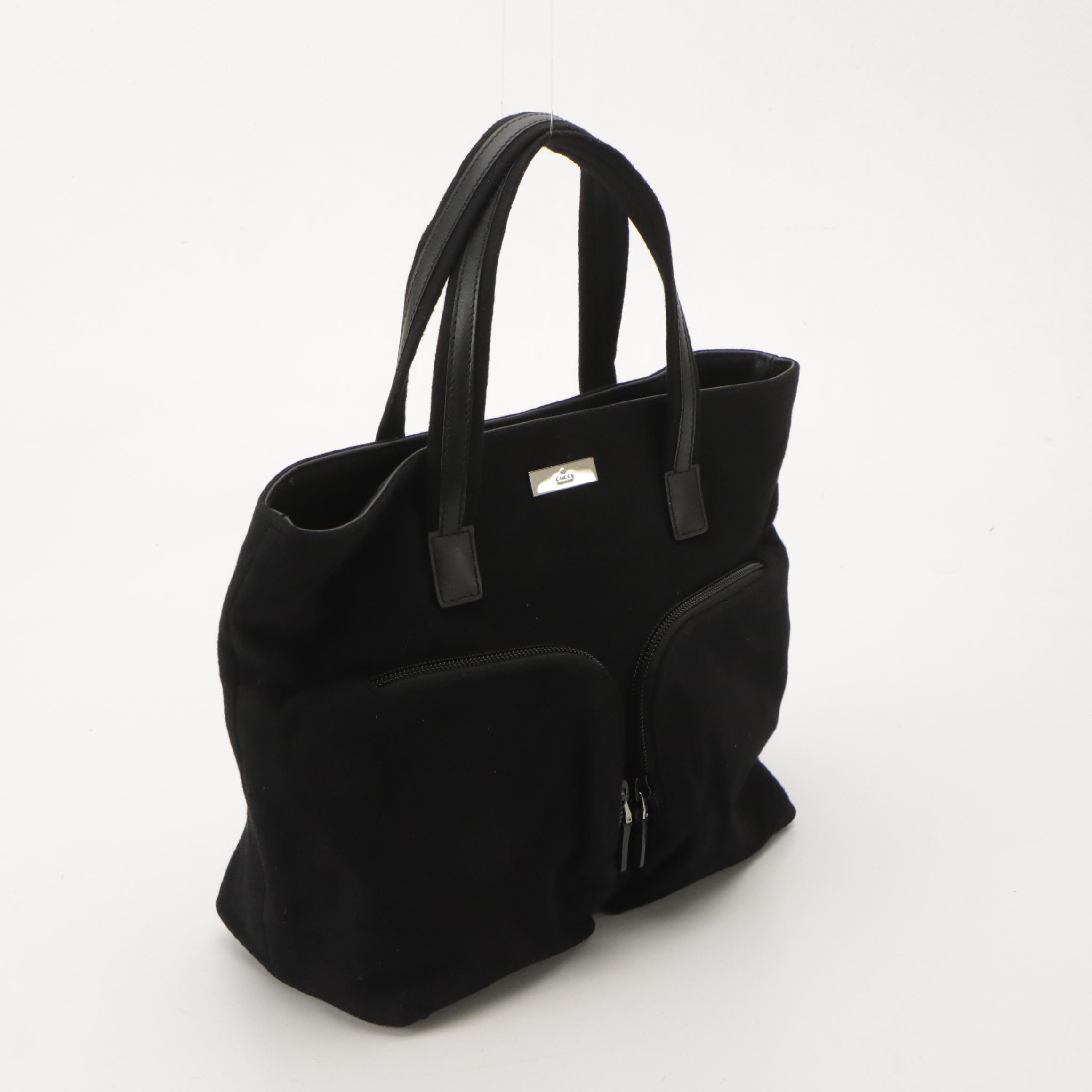 Gucci Double Pocket Tote Bag in Black Soft Fleece and Leather Trim