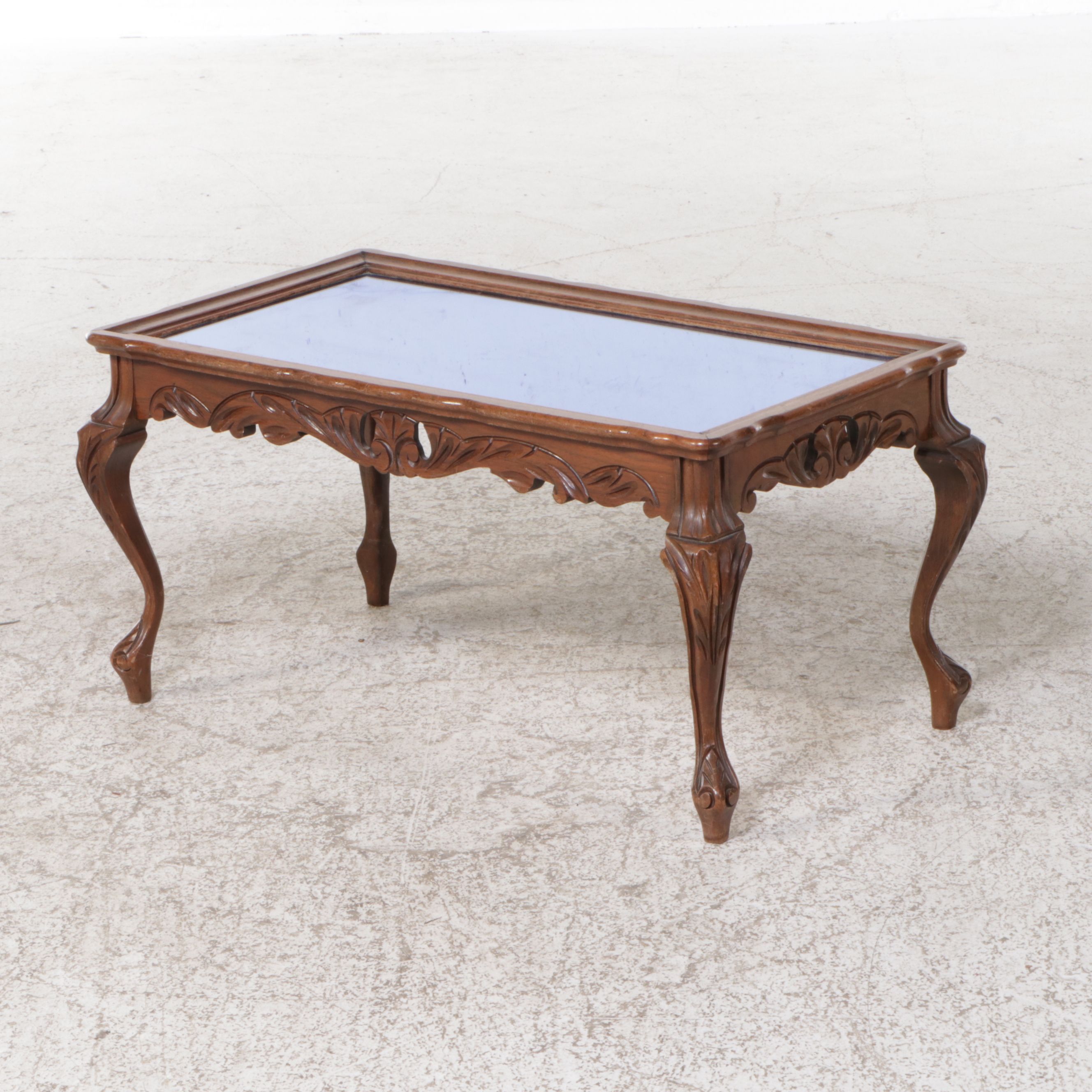 French Provincial Style Carved Walnut Coffee Table with Blue Mirrored Top